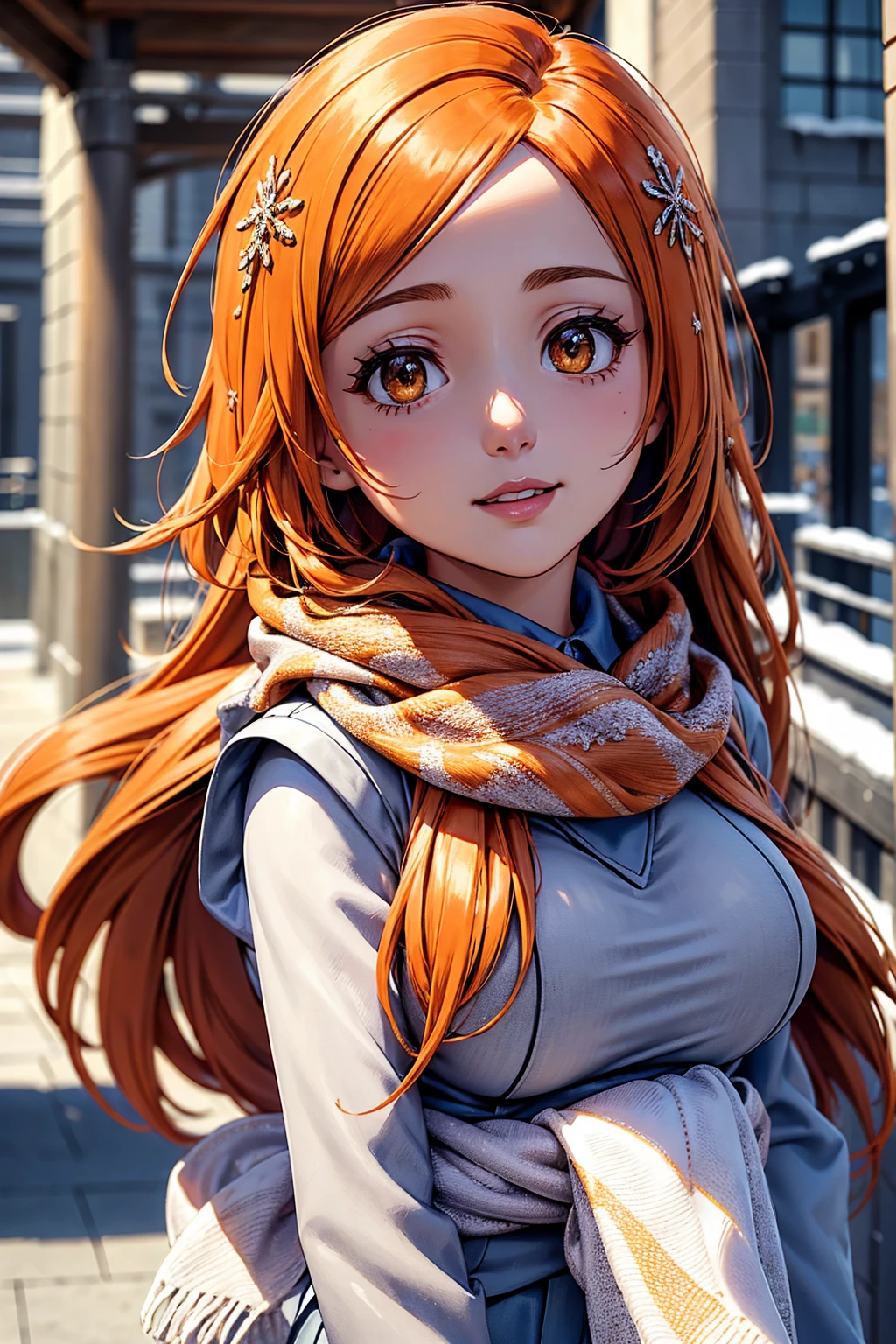 rich in detail:1.5, high resolution, Natural strokes and colors, natural lighting, face detailed, detailed hair, eye detailed, detailed nose, detailed lips. an adult and beautiful girl:1.9, wearing a sweatshirt, wearing a scarf, snowy city, with long orange hair, e com um sorriso orihime inoue.