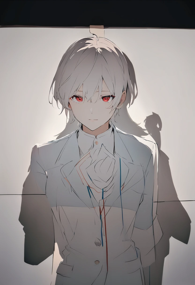 Coloring the line drawing，White background，White hair，Blue Suit，Red eyes，White gloves，Light，shadow