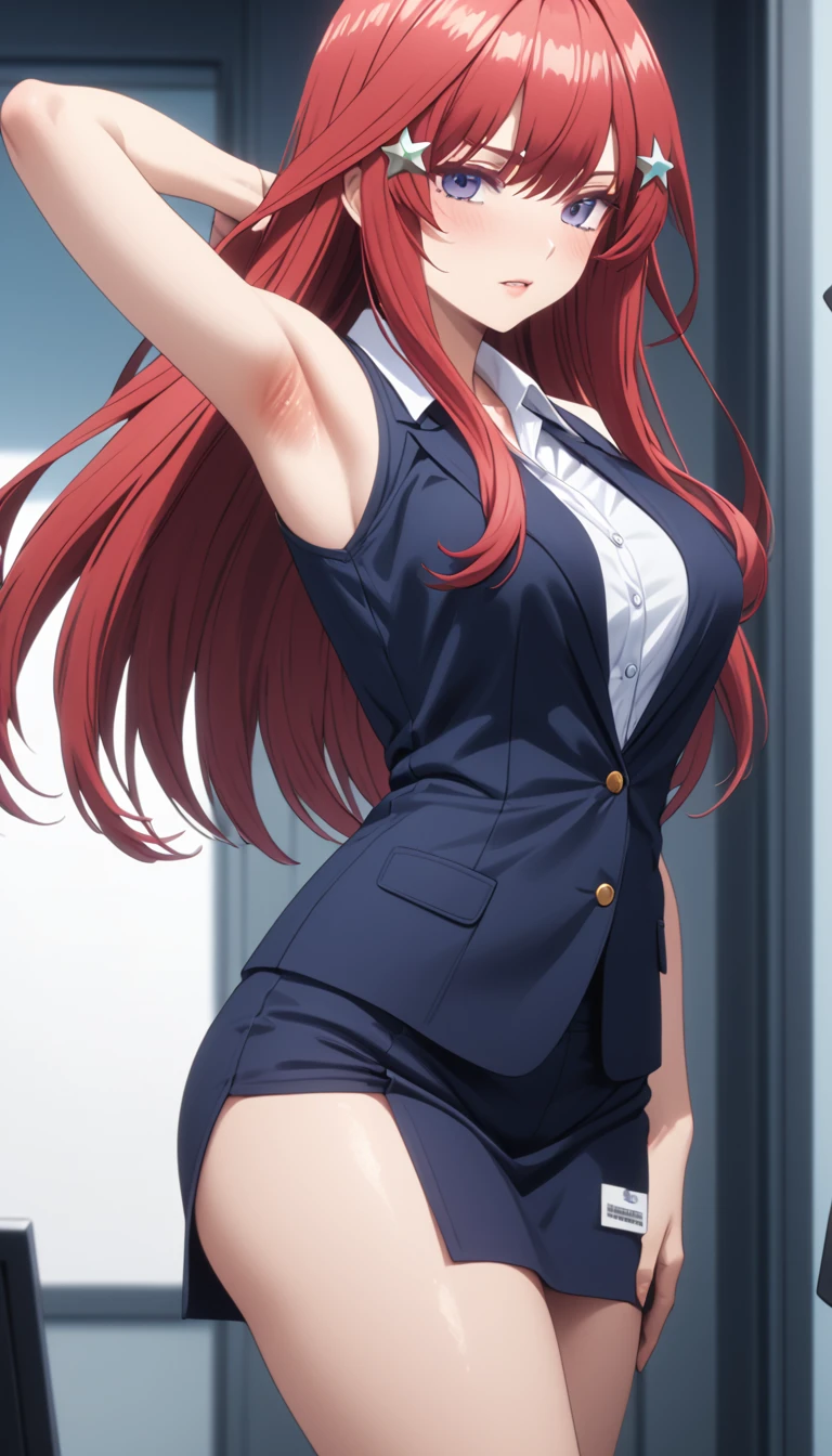 (Highest quality、Masterpiece、Very detailed、4K)、One Woman、************、Red Hair、Long Hair、(((Nakano May)))、Star-shaped hair fastening、chest、arm、((Beautiful armpits))、Beautiful navel、((Beautiful thighs))、(((company employee)))