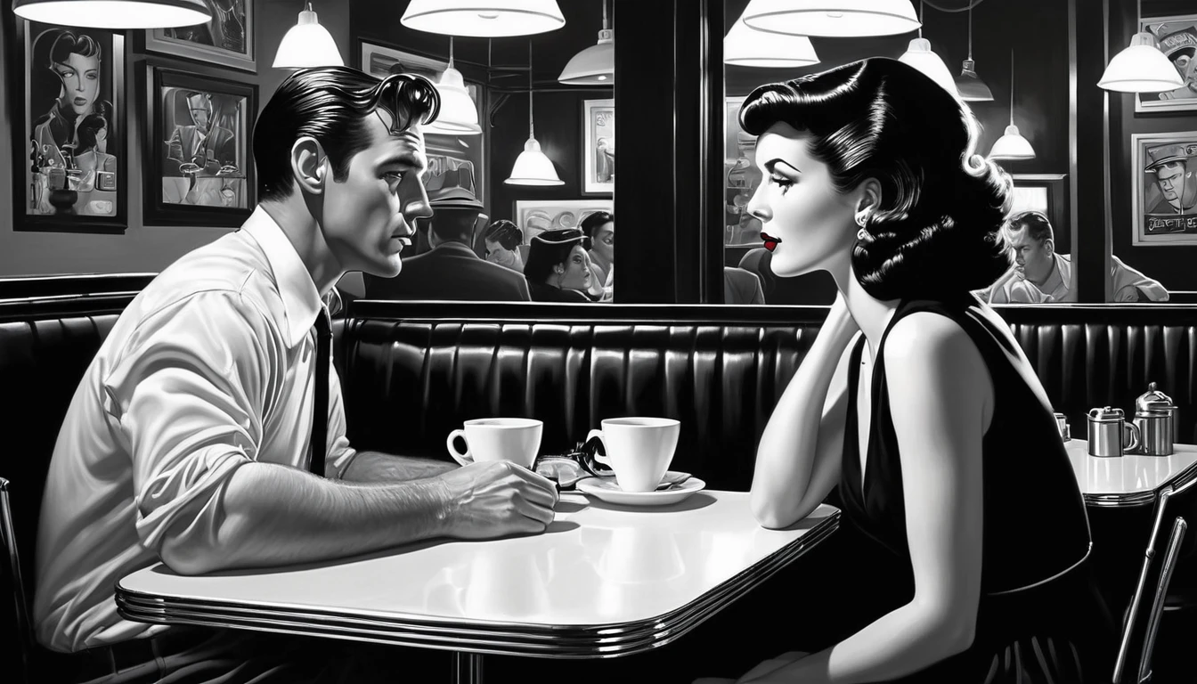 A couple sitting happily facing each other and drinking wine at a table in a noir jazz bar, Then Martin, Then Martin artwork portrait, diner scene, film noir jazz bar, drawn in a neo - noir style, neo - noir style, Neo-Noir Setting, neo noir style, inspired by f.. scott hess, Thomas Dalziel, film noir realistic, inspired by f. scott hess