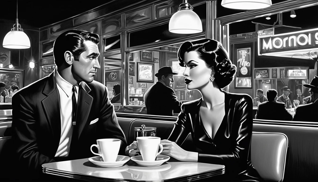 A couple sitting facing each other at a table in a cafe diner, enjoying coffee, Then Martin, Then Martin artwork portrait, diner scene, film noir jazz bar, drawn in a neo - noir style, neo - noir style, Neo-Noir Setting, neo noir style, inspired by f.. scott hess, Thomas Dalziel, film noir realistic, inspired by f. scott hess