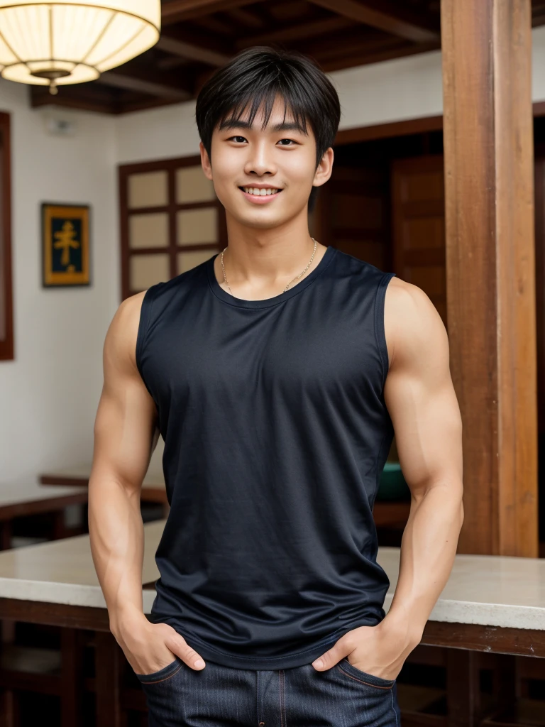 独奏: 1.5, (As a matter of fact, Masterpiece, 8k HD, good light quality, sportswear, fit the face, complicated details), A handsome Korean young man with muscular arms. , 20 years old, be happy, smile brightly, detailed face, delicate eyes, look at the sky, Wear a navy tight T-shirt.:1.6 , jeans period, black eyes, Black hair color, ผมsmooth, smooth，Surreal，Superb details，Highest quality，real，Open your mouth to talk. , Close your eyes., (Standing in a Thai restaurant, Burmese temple:1.1)