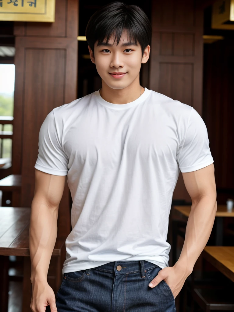 独奏: 1.5, (As a matter of fact, Masterpiece, 8k HD, good light quality, sportswear, fit the face, complicated details), A handsome Korean young man with muscular arms. , 20 years old, be happy, smile brightly, detailed face, delicate eyes, look at the sky, Wear a navy tight T-shirt.:1.6 , jeans period, black eyes, Black hair color, ผมsmooth, smooth，Surreal，Superb details，Highest quality，real，Open your mouth to talk. , Close your eyes., (Standing in a Thai restaurant, Burmese temple:1.1)