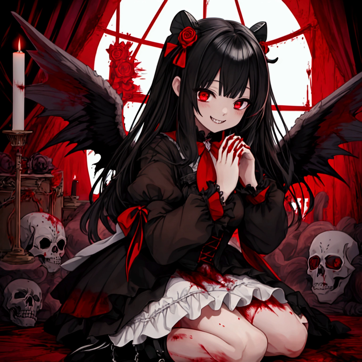 (Highest quality,4K,High resolution,masterpiece:1.2),Very detailed,Realistic:1.37,masterpiece, Highest quality, Exquisitely crafted, woman, beautiful, elegant, smile, Blood, iridescent Long Hair, bangs, skirt, shirt, Long sleeve, Frills, shoes, (Red and Black:1.4), flower, Spooky, Horror, 頭蓋Bones, Long Hair, Black Hair, Candles, Blood, hair flower, alone, hair ornaments, Bone, Sitting, doll, 頭蓋Bone, skeleton,  Horror (theme),Spooky altar background,Dark fantasy,Red color scheme,Ominous atmosphere,Eye-catching,Storytelling,anatomy,Anime Style,Concept Art,beautiful細部までこだわった顔と (((Red eyes ))),Terrifying Ritual ,Satanic Ritual,Untimely Death,Unjust act,クレイジーなsmile,Scythe Face,Girl Monster, beautiful,  Delicate facial features, Sharp Eye, Sharp Fangs, Pale skin, Thick chain, Dark Background, Cinema Lighting, Dramatic Shadows, Gothic style, Gloomy atmosphere, Dark fantasy, One Girl, , Please open your mouth wide, Open your mouth and baring your teeth,Sharp teeth like a beast, Wide lips, very wide mouth, Vermilion cheeks, ,(Bloodしぶき:1.4),Scary smile, laugh at,Fallen angel design, ねじれたsmile、Bloodまみれの、頭からの出Blood,、Bloodしぶき、,(Bloodしぶき:1.4),Crossbones, 頭蓋Bone,Horrorスタイル, ((Fantasy Fallen Angel Costume)), ((流れるようなBlack Hair)), ,(Bloodしぶき:1.4),womanの曲線, Sexy flat stomach, Perfect hands, Perfect anime face, ((White Lolita Dress)), Are standing, ((邪悪なsmile)), ,(Bloodしぶき:1.4), Steam circulates, Moonlight Illumination, night lighting, disaster々new devil horns,,(Bloodしぶき:1.6),アニメFallen angel design, ねじれたsmile、Bloodまみれの、頭からの出Blood,、Bloodしぶき、,(Bloodしぶき:1.4),Crossbones, 頭蓋Bone,Gothic architecture、Western architecture、Fantasy World、,Victorian cities, 骸Boneのガス灯,