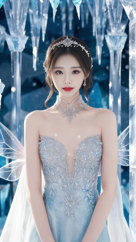 A goddess、Large Breasts、Stand gracefully、(The most luxurious ice palace background:1.4)、(Mysterious fairy tale light blue fog:1.15)、The background is a well-designed ice palace、Beautiful ice ceiling、(Palace interior background made of intricate, sparkling transparent ice:1.4)、(Elegant palace columns made of ice:1.05)、Most complex、The most luxurious decoration、(Lots of jewelry:1.1)、最もComplex and detailed backgrounds、(Snowing:1.1)、fine sparkling snow、(Tyndall effect:1.1)、Subtle sparkling snow、Spectacular lighting、Perfect makeup、Long eyelashes、Beautiful eye shadow、(Accurate anatomy:1.1)、Natural forehead、Complex and detailed backgrounds、The subtlest glimmer、Deep background、Low contrast、Surrounded by soft lighting、(Body facing forward:1.1)