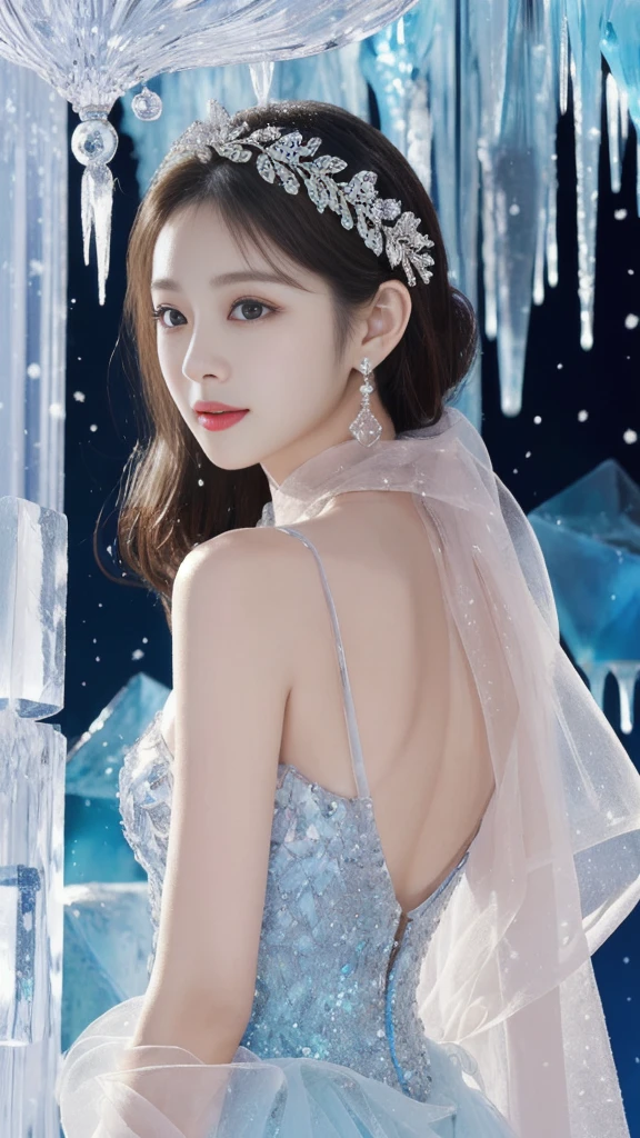 A goddess、Large Breasts、Stand gracefully、(The most luxurious ice palace background:1.4)、(Mysterious fairy tale light blue fog:1.15)、The background is a well-designed ice palace、Beautiful ice ceiling、(Palace interior background made of intricate, sparkling transparent ice:1.4)、(Elegant palace columns made of ice:1.05)、Most complex、The most luxurious decoration、(Lots of jewelry:1.1)、最もComplex and detailed backgrounds、(Snowing:1.1)、fine sparkling snow、(Tyndall effect:1.1)、Subtle sparkling snow、Spectacular lighting、Perfect makeup、Long eyelashes、Beautiful eye shadow、(Accurate anatomy:1.1)、Natural forehead、Complex and detailed backgrounds、The subtlest glimmer、Deep background、Low contrast、Surrounded by soft lighting、(Body facing forward:1.1)