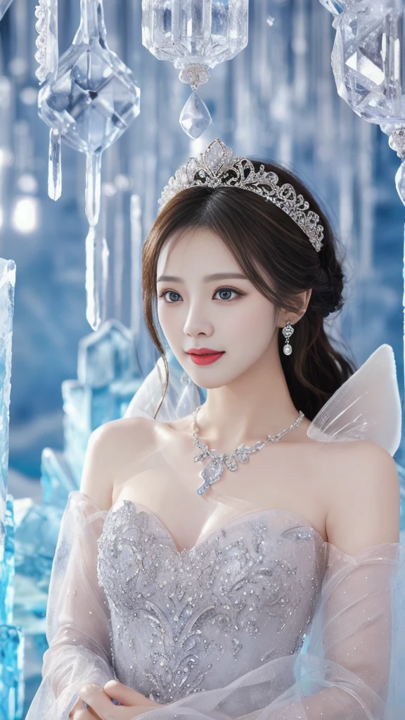 A goddess、Large Breasts、Stand gracefully、(The most luxurious ice palace background:1.4)、(Mysterious fairy tale light blue fog:1.15)、The background is a well-designed ice palace、Beautiful ice ceiling、(Palace interior background made of intricate, sparkling transparent ice:1.4)、(Elegant palace columns made of ice:1.05)、Most complex、The most luxurious decoration、(Lots of jewelry:1.1)、最もComplex and detailed backgrounds、(Snowing:1.1)、fine sparkling snow、(Tyndall effect:1.1)、Subtle sparkling snow、Spectacular lighting、Perfect makeup、Long eyelashes、Beautiful eye shadow、(Accurate anatomy:1.1)、Natural forehead、Complex and detailed backgrounds、The subtlest glimmer、Deep background、Low contrast、Surrounded by soft lighting、(Body facing forward:1.1)