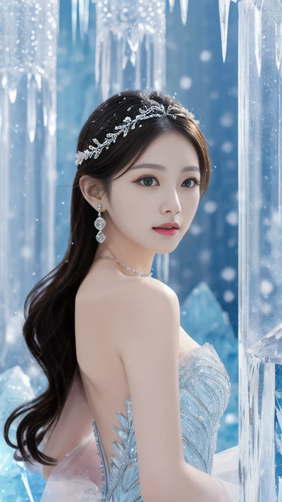 A goddess、Large Breasts、Stand gracefully、(The most luxurious ice palace background:1.4)、(Mysterious fairy tale light blue fog:1.15)、The background is a well-designed ice palace、Beautiful ice ceiling、(Palace interior background made of intricate, sparkling transparent ice:1.4)、(Elegant palace columns made of ice:1.05)、Most complex、The most luxurious decoration、(Lots of jewelry:1.1)、最もComplex and detailed backgrounds、(Snowing:1.1)、fine sparkling snow、(Tyndall effect:1.1)、Subtle sparkling snow、Spectacular lighting、Perfect makeup、Long eyelashes、Beautiful eye shadow、(Accurate anatomy:1.1)、Natural forehead、Complex and detailed backgrounds、The subtlest glimmer、Deep background、Low contrast、Surrounded by soft lighting、(Body facing forward:1.1)