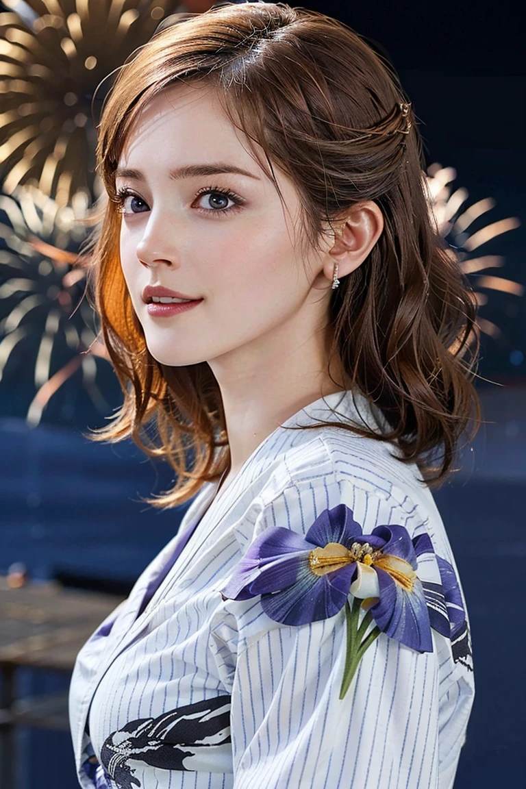 (Preserve face images), pale face:1.3、Super thin face:1.3, (very big eyes:1.5)、 (blown eyes:1.5), master piece、8k, {highest quality}, {{masterpiece}}, {very delicate and beautiful}, (((Mid-range shooting))), outstanding light and shadow, highly detailed wallpaper, clear and bright sunlight, (((Full body))), 1 girl, blush、(Light brown colour hair), ((Face illuminated by fireworks)), (((A classic yukata pattern with blue-purple irises and black vertical stripes on an off-white background ))), colour々A pose:1.5, necklace、ring、earrings,(Toothless smile:1,5), ((Mid-range shooting))、(((Profile of a person watching the fireworks)))、Seaside fireworks display