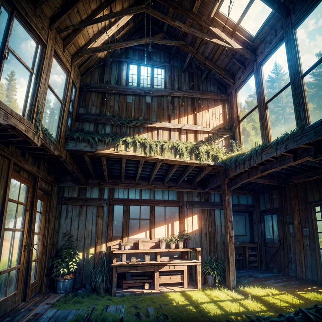 a rustic barn, dramatic lighting, atmospheric clouds, rolling hills, lush green fields, wooden textures, sunlight streaming through windows, weathered wooden beams, abandoned and overgrown, moody and nostalgic, cinematic composition, muted color palette, (best quality,4k,8k,highres,masterpiece:1.2),ultra-detailed,(realistic,photorealistic,photo-realistic:1.37)