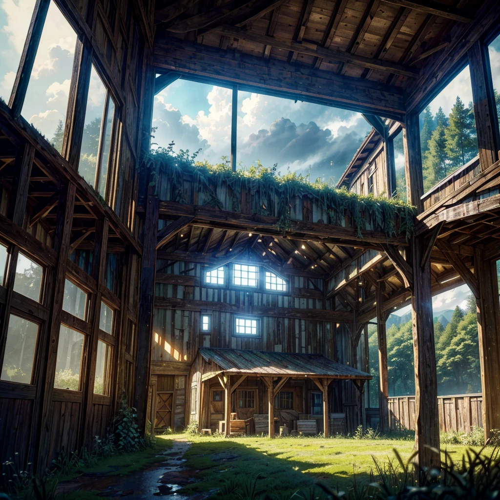 a rustic barn, dramatic lighting, atmospheric clouds, rolling hills, lush green fields, wooden textures, sunlight streaming through windows, weathered wooden beams, abandoned and overgrown, moody and nostalgic, cinematic composition, muted color palette, (best quality,4k,8k,highres,masterpiece:1.2),ultra-detailed,(realistic,photorealistic,photo-realistic:1.37)