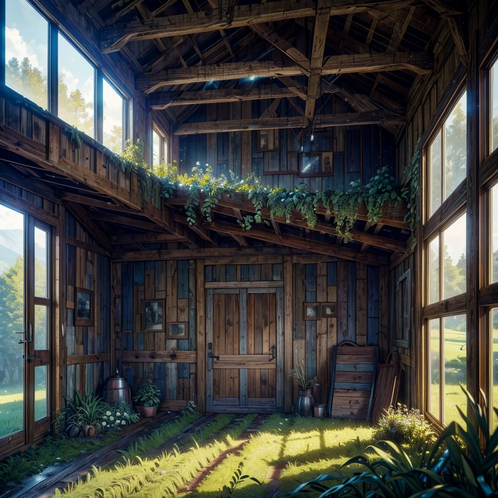 a rustic barn, dramatic lighting, atmospheric clouds, rolling hills, lush green fields, wooden textures, sunlight streaming through windows, weathered wooden beams, abandoned and overgrown, moody and nostalgic, cinematic composition, muted color palette, (best quality,4k,8k,highres,masterpiece:1.2),ultra-detailed,(realistic,photorealistic,photo-realistic:1.37)