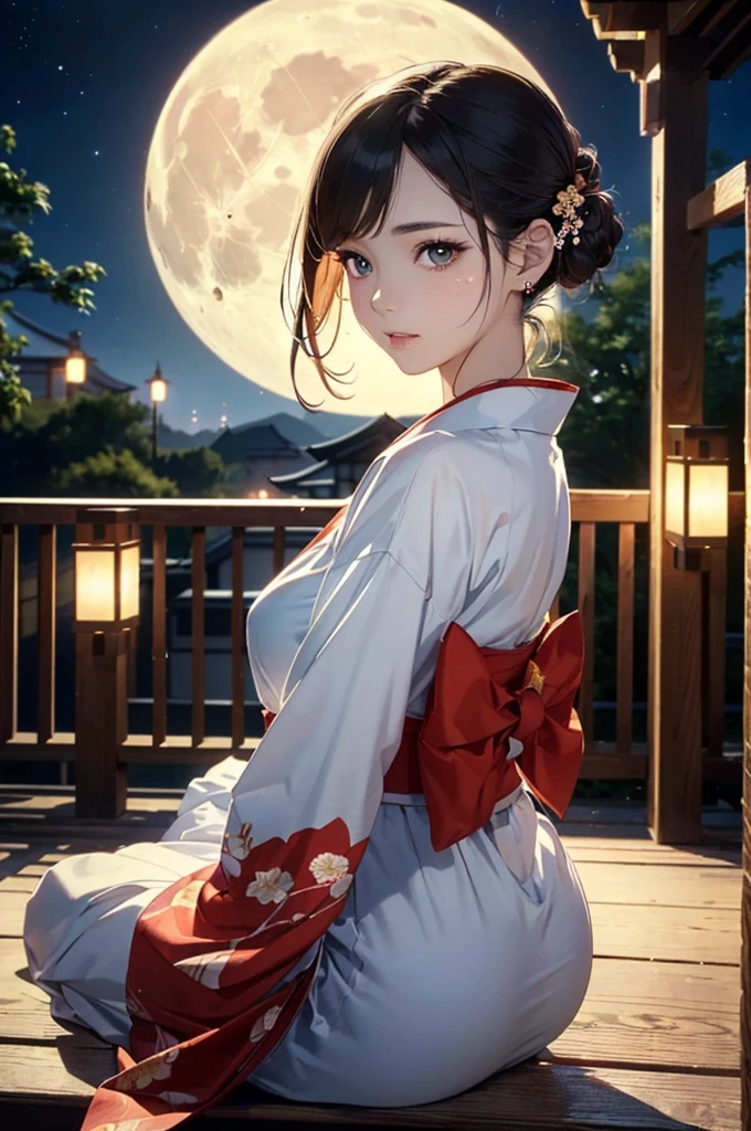 (Official art、Best Quality、Unity 8k Wallpapers、32k、masterpiece、Ultra-detail、超A high resolution、Oil painting style:1.2)、A slender、Medium bust、(Full body:1.2)、(sideshot、Looking away:1.2)、Highly detailed background、Realistic pupils、Sharp pupils、blurry backround、Beautiful girl in yukata、(very detailed face and eyes、beauitful face、super detailed skin、detailed skin textures:1.3)、Japan garden、cowboy shot、Sit on the porch、moonlights、One full moon in the sky、Moon、dumpling、Autumn landscape、wind chimes