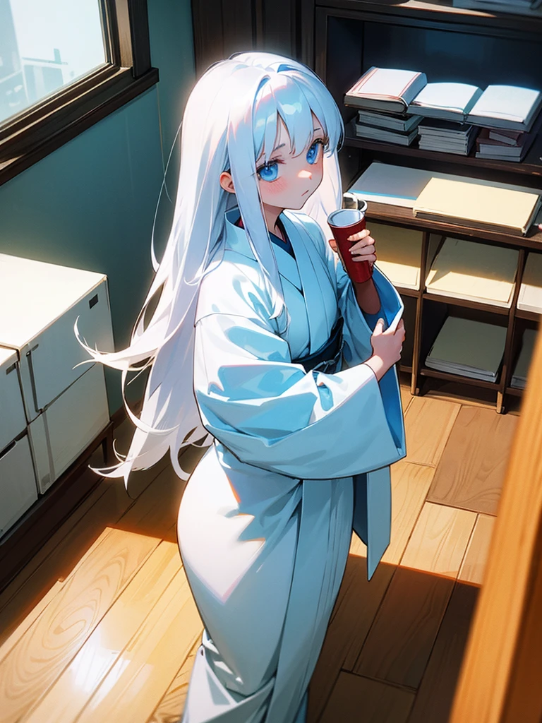 , , long white hair, wearing white kimono, blue colored eyes, holding a cup, is in an 80s style office, books around, wood floor, Grieving.