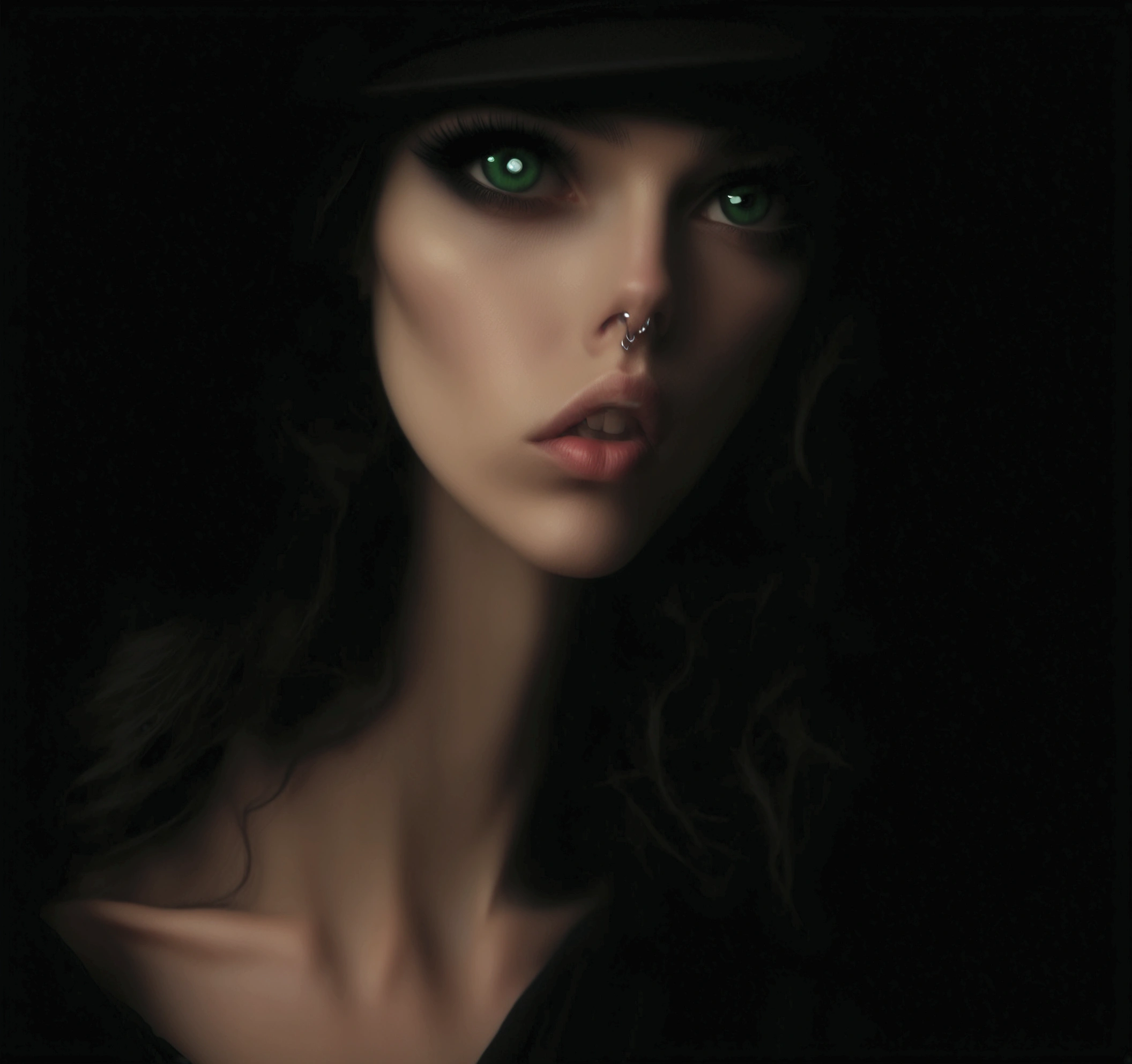 arafed woman with a black hat and green eyes, mysterious portrait of a woman, inspired by Kati Horna, mysterious eerie portrait, mysterious portrait, eerie self - portrait, with haunted eyes and dark hair, blurry face, dark portrait, mysterious woman, obscured underexposed view, unsettling photo, blurry photo, grainy photo of an ugly woman