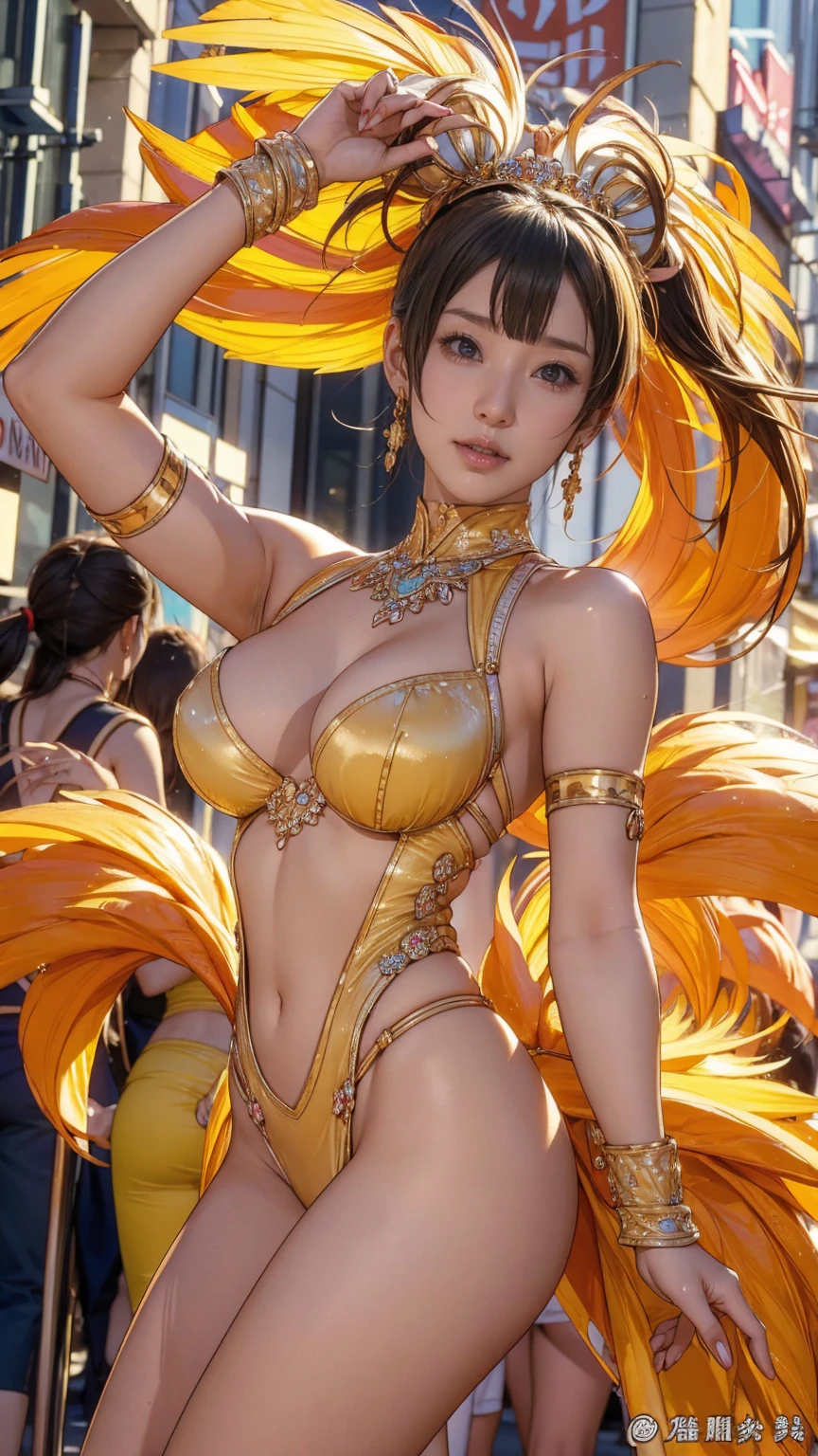 Highest quality, Official Art, masterpiece, Fabric Shading, High resolution, Very detailed, colorful, Best details, High leg samba micro costume:1.8, microwave good:1.9 Yuki Mori:1.5, 1 female, Age 25, Brown Hair, short hair, Twin tails,Wind-blown bangs, {{{{{Puffy nipples:1.7}}}}}, {{{{{Dancing vigorously in the parade:1.9}}}}}, A bustling boulevard, sunny, Large Breasts, skinny, Big Ass,{{Surrounded by a bunch of male photographers:1.9}}, She is being photographed by many male photographers.:1.7, A blizzard is falling, Blessed, welcome:1.5, Camel Toe:1.9, Ground level shot,