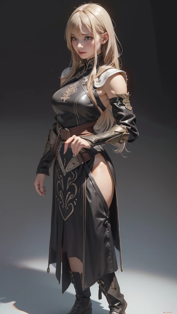 looking back,(fighting pose),(leather boots,(asymmetrical armor),(long embroidered cute dress,see through,lift up the hem of the dress)),(random hairstyle),(Thin type:1.5),(large breasts),(Highest image quality,(8K), Ultra-realistic, Best Quality, High quality, High Definition, high quality texture, high detailing, Beautiful detailed, fine detailed, extremely details CG, Detailed texture, realistic representation of face, masterpiece, presence)
