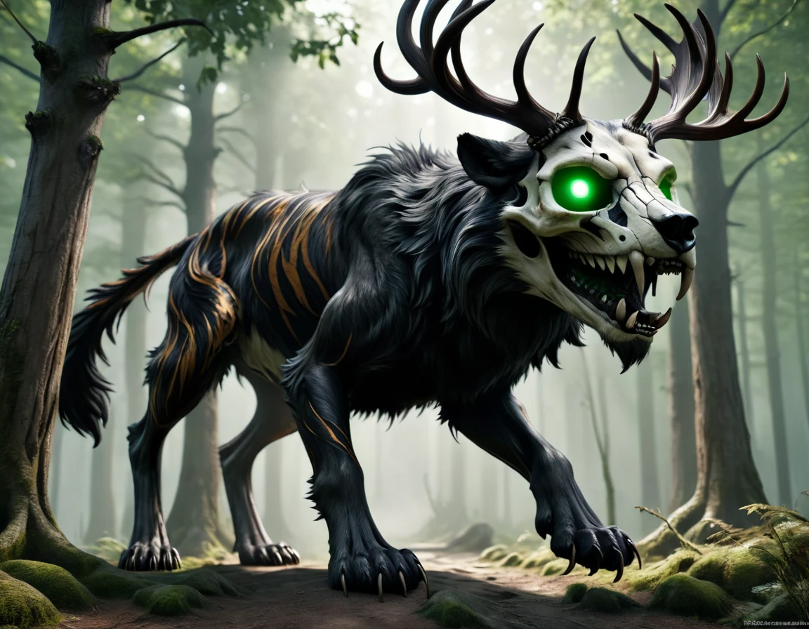 full body portrait of realistic big black beast, feral, front view, running motion, six claws on each paw, long legs, four legged, tiger skull, wolf tiger deer bear hybrid skull face, twisted horns, twisted antlers, tiger, deer, wolf, wendigo, bear, hybrid body with beryl green eyes, beryl green smoke from mouth, dark mysterious forest scenery, full body, cinematic, render, 8k, unreal engine, realistic, masterpiece, high detail, full body, low life, extremely intricate, extreme detail, volumetric lighting