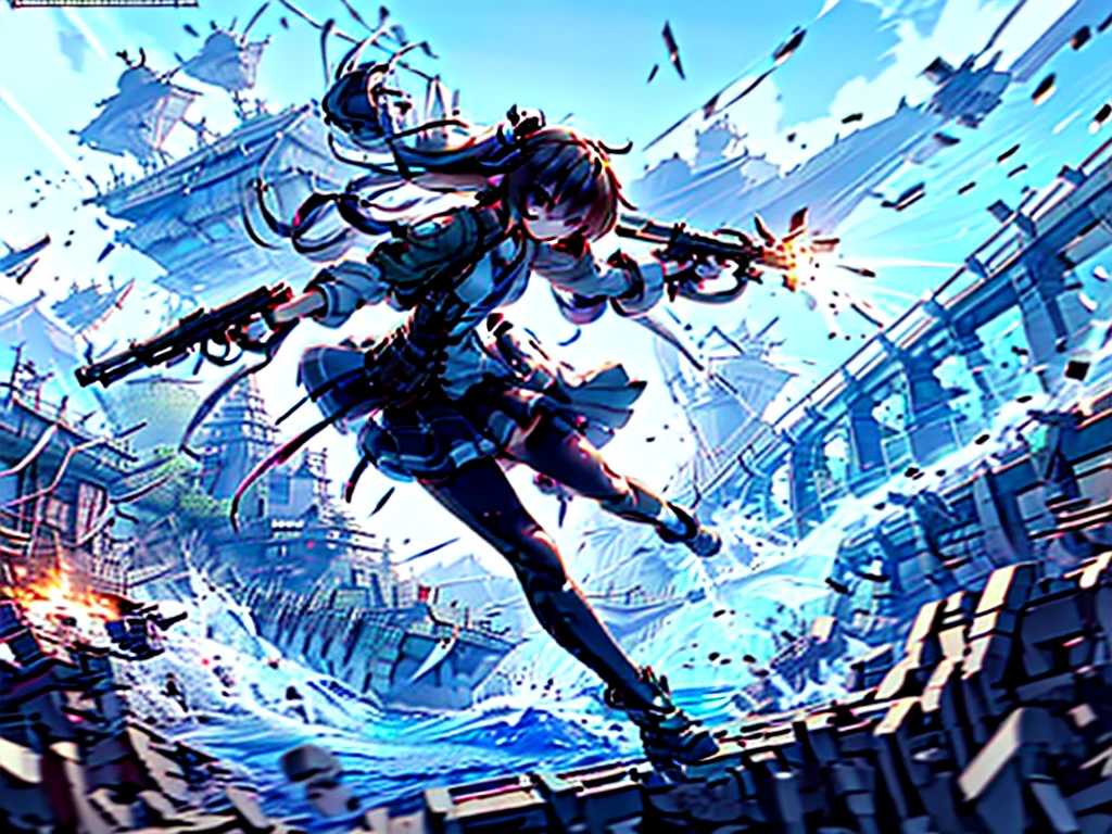 (((masterpiece, Vision))), ((((Full body of a woman with perfect flat chest、1 Female、solo、Short unkempt black hair、Tie your messy hair at the nape of your neck、white military jacket、Miko costume、black tights、Black glasses are black、White military cap、Cloudy black eyes、Confused eyes、Junyo-inspired emblem、Ship-style boots)))), (((Shipgirl))), ((Floating on the morning sea with both feet)), (Standing with your legs apart)), Aim, (Hold the shotgun turret grip with your right hand), (Four mechanical tentacles covered in white armor extend from its back.), (Holding a shotgun with metal tentacles), (Equipped with a bridge on the back), (His left arm holds the grip of a triple-barreled shotgun),