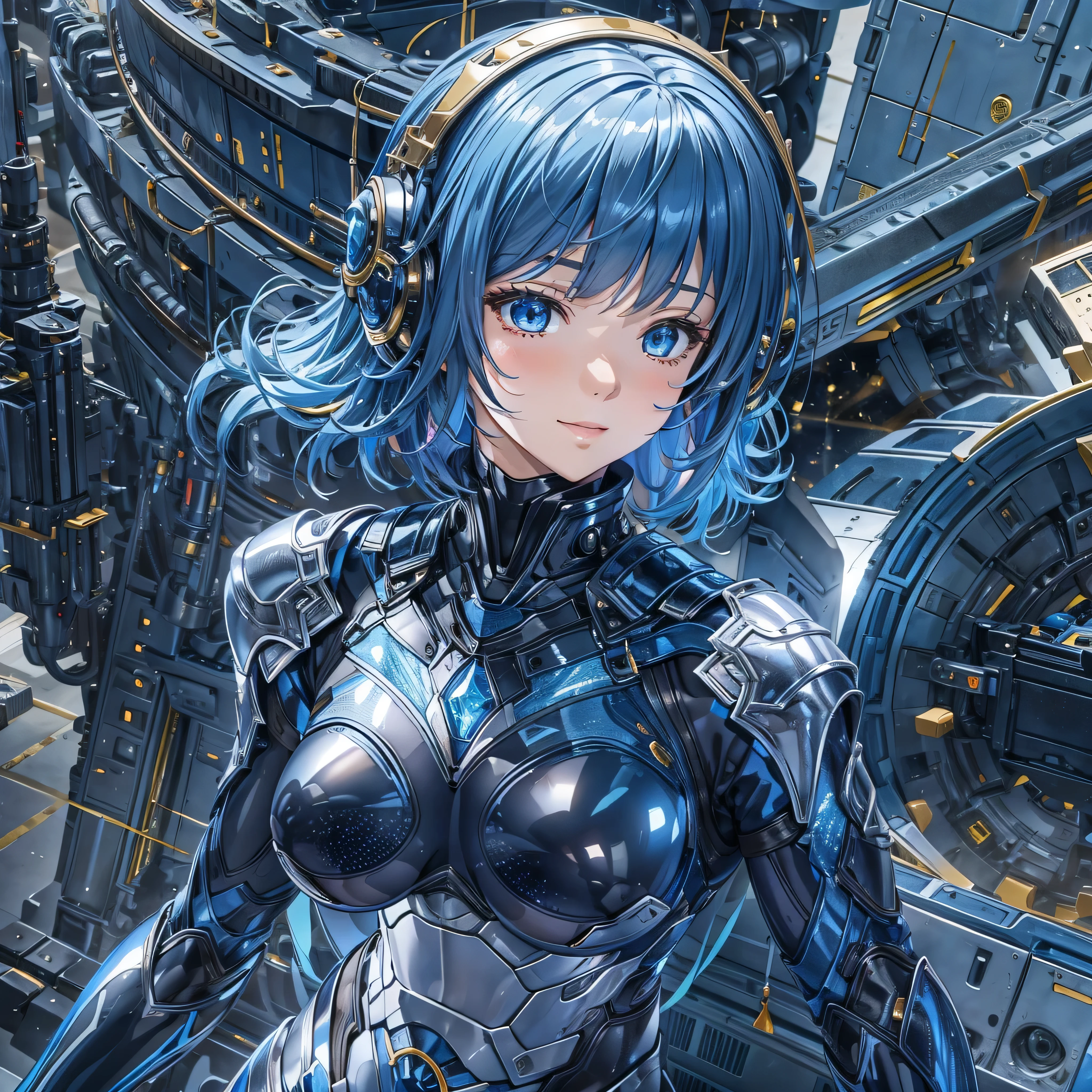 (masterpiece、Highest quality、Highest Resolution、Clear_image、Detailed details、Angle from above): (Whole body、One 20 year old girl、Japanese Faces、Small Face、Slender、Navy blue super short bob cut hair、(Hidden small breasts:1.3)、Sparkling blue eyes、Shiny pilot suit in blue and black colors、Chest protection armor、Tight fitting clothes、Clothing that covers the whole body、Glamorous clothes、Tight Fit Pants、Hide your skin、Very delicate and beautiful、Detailed Skin、hide thighs、Hide your ass、Cute、A gentle smile、Soft expression、heroine、headset、Knee-high boots、Elbow-length gloves、Eye Level Shot、Face directly、Woman on a spaceship)
