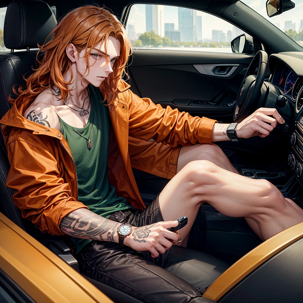 Boy with shoulder-length wavy hair, pale orange color, tall black eyes, with a dominant look, sitting in his car with a green jacket, a watch in his hand, and tattoos on his arms.