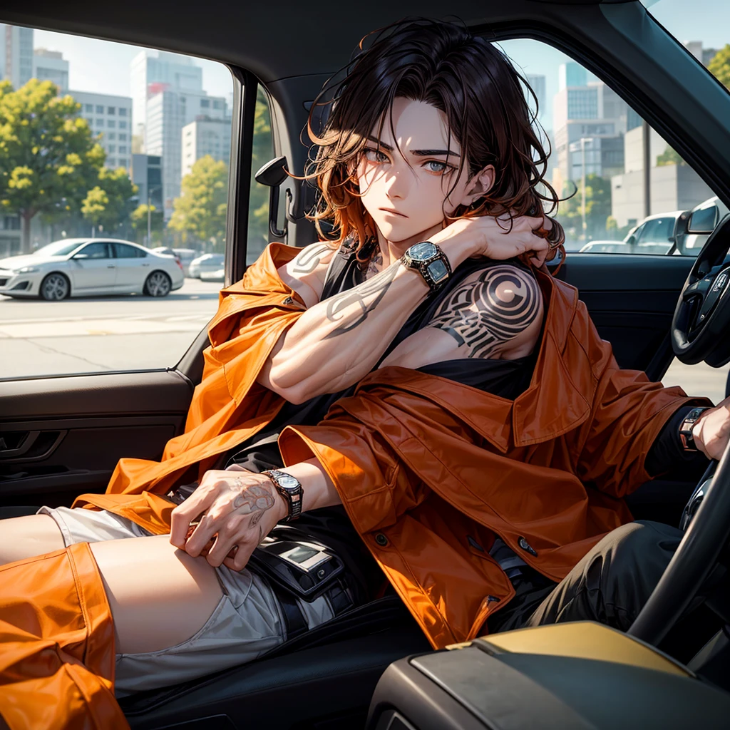 Boy with shoulder-length wavy hair, pale orange color, tall black eyes, with a dominant look, sitting in his car with a green jacket, a watch in his hand, and tattoos on his arms. 