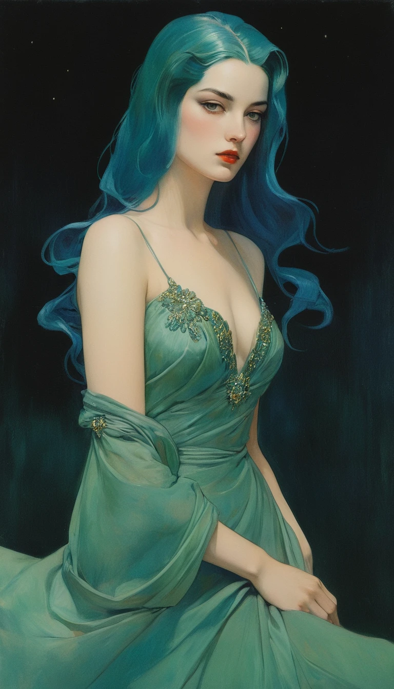 Sensual illustration of a graceful princess using chiaroscuro (((Green hair without bangs:1.4、Beautiful Eyes) , Vintage ,Silk dress, Matte Paint, John Singer Sargent, by Katsuya Terada、 Very soft color, Dark Vivid, Dark Blue Pastel, Very detailed, Digital Art, High Contrast, dramatic, Sophisticated, tone, Intimate, Sensuality and romance、Masterpiece、Minimalist、Pop surrealism、pop art、drawing