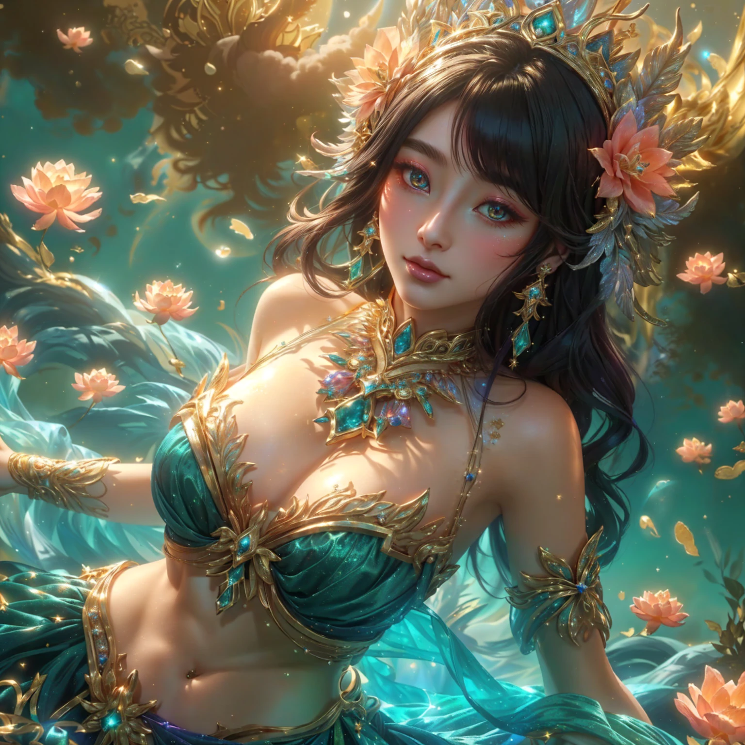 woman , Blue left eye , red right eye , pink mouth ,Dressed in gold, standing in front of a crescent moon., goddess of heaven, goddess of the moon, anime goddess, beautiful heavenly mage, lunar goddess, Moon Goddess, Golden Lotus Princess, Goddess of the Galaxy, Beautiful Fantasy Empress, ((Beautiful Fantasy Empress)), Goddess and Moon, As the sun goddess,, Goddess of space and time , Branded stockings for sale in black and gold , Fine gold jewelry
