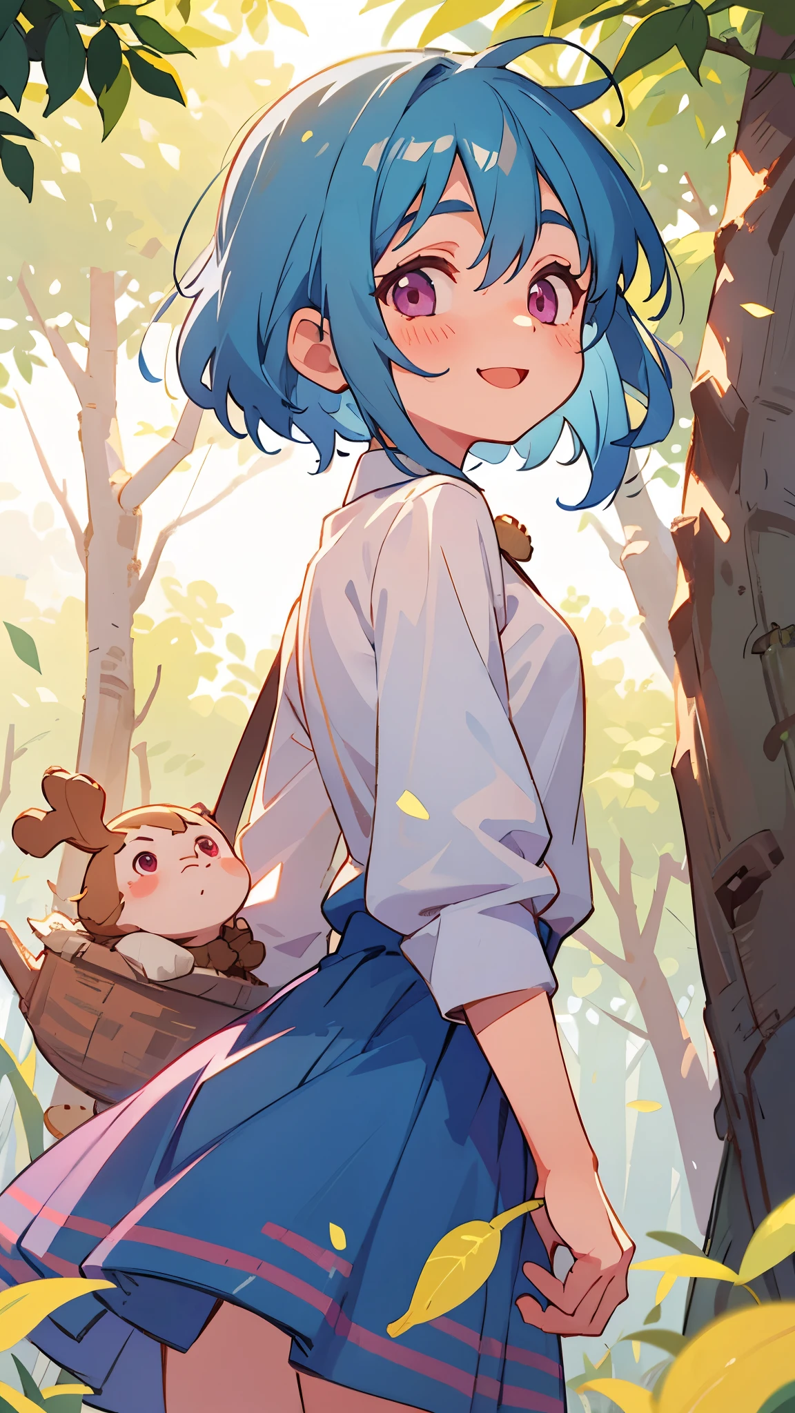 ****************、Light blue hair、Pink Eyes、smile、blush、Small breasts、From the back、white blouse shirt、Checked skirt、Under the bright light of the sunlight filtering through the trees、Acorns、Sharp contours、Tomboy、boyish、First class work