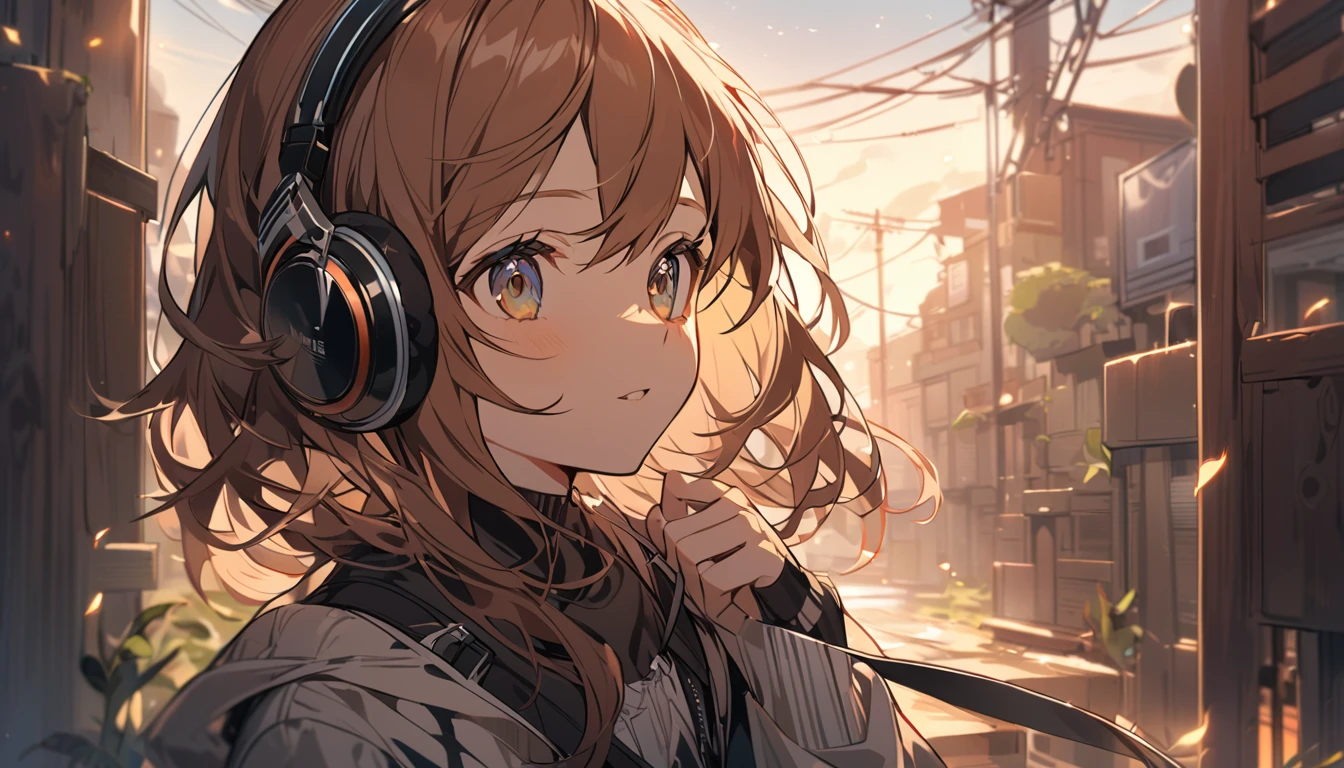 Girl wearing headphones,Brown Hair,1 person,Detailed Background,「Silence before dawn」 - Enjoy the morning silence