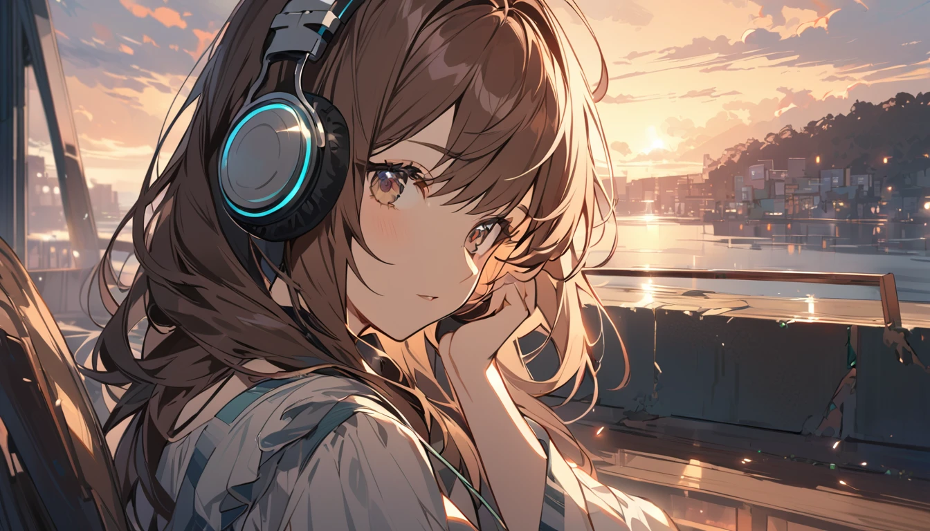 Girl wearing headphones,Brown Hair,1 person,Detailed Background,「Silence before dawn」 - Enjoy the morning silence