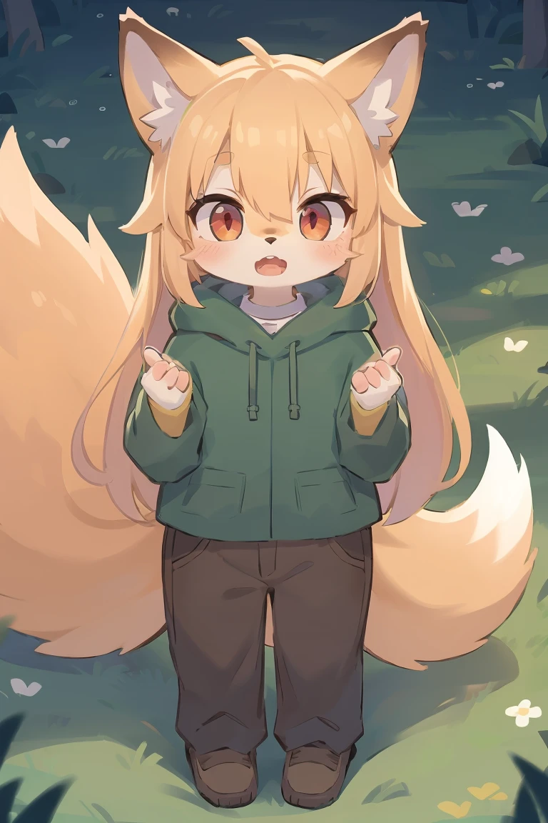 flat color, shota the fox, , was hairy, shaggy, skin fur, smooth lashes, golden fur, forelimb hands, straight long blonde hair, solid circle eyes, golden ears, golden fur, golden facial fur, shiny hair, red eyes, super cute face, 1fox tail, fluffy tail, furry tail, glowing eyes, green coat green hood down, brown trousers, open mouth, full body, ambient light, ultra-fine fur, dashed eyes, masterpiece, high quality, high-details, best quality, (solo)