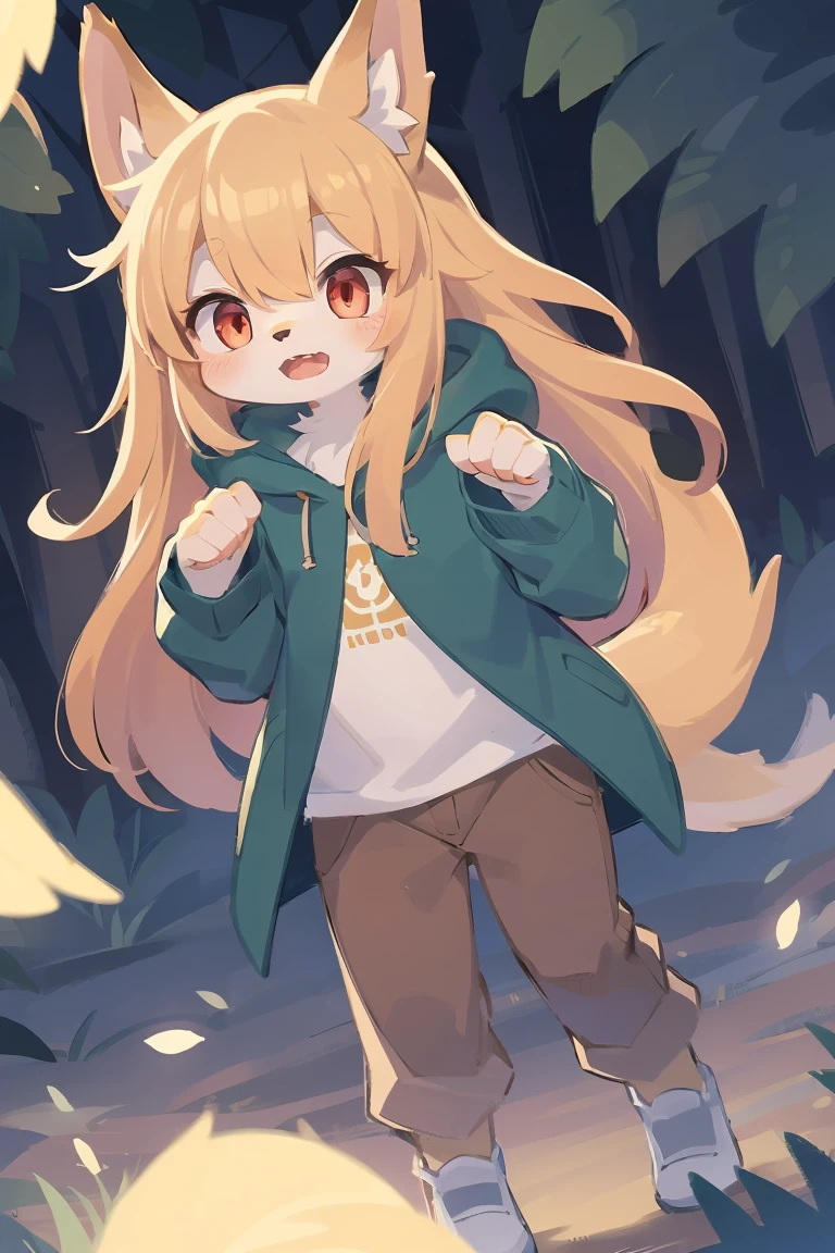 flat color, shota the fox, , was hairy, shaggy, skin fur, smooth lashes, golden fur, forelimb hands, straight long blonde hair, solid circle eyes, golden ears, golden fur, golden facial fur, shiny hair, red eyes, super cute face, 1fox tail, fluffy tail, furry tail, glowing eyes, green coat green hood down, brown trousers, open mouth, full body, ambient light, ultra-fine fur, dashed eyes, masterpiece, high quality, high-details, best quality, (solo)