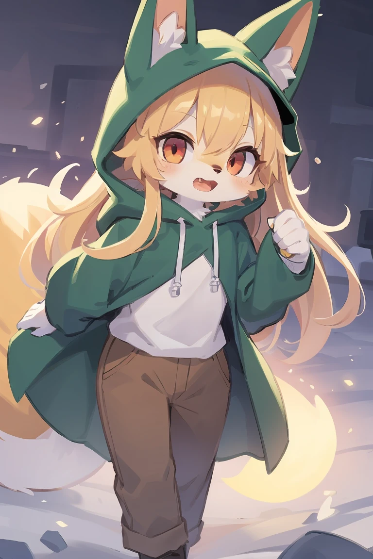 flat color, shota the fox, , was hairy, shaggy, skin fur, smooth lashes, golden fur, forelimb hands, straight long blonde hair, solid circle eyes, golden ears, golden fur, golden facial fur, shiny hair, red eyes, super cute face, 1fox tail, fluffy tail, furry tail, glowing eyes, green coat green hood down, brown trousers, open mouth, full body, ambient light, ultra-fine fur, dashed eyes, masterpiece, high quality, high-details, best quality, (solo)