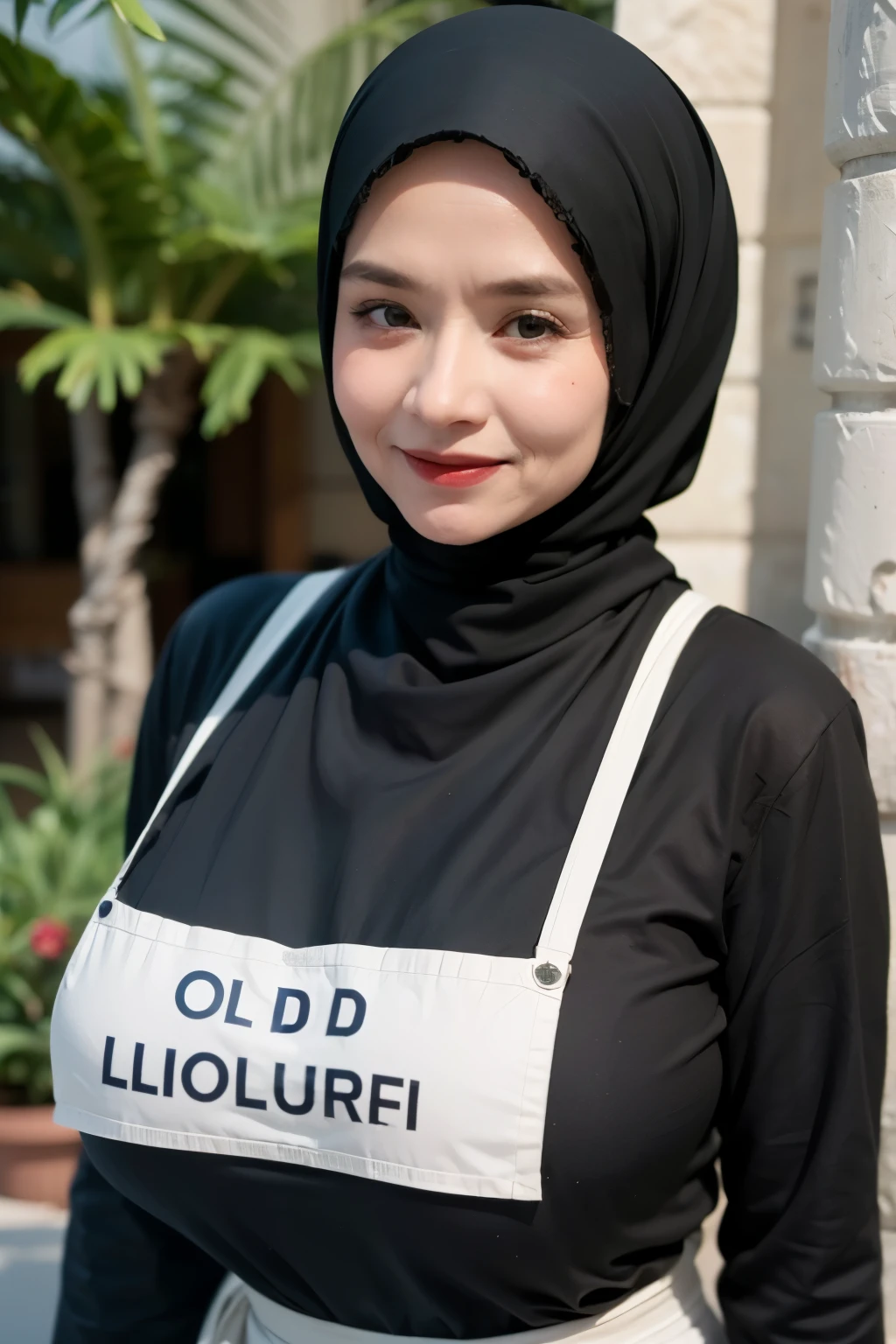 (((Old lady:1.6))), (((HIJABS Stylish))), adorable, 1 girl, (face to face), , baby face, happy, medium portrait, (face details: 1), (eye details:1), ((naked big breasts)). wearing transparent transparency mini apron, .. Cute posed. proportional body. Ultra High Res. realistic: 1.4, UHD , lace