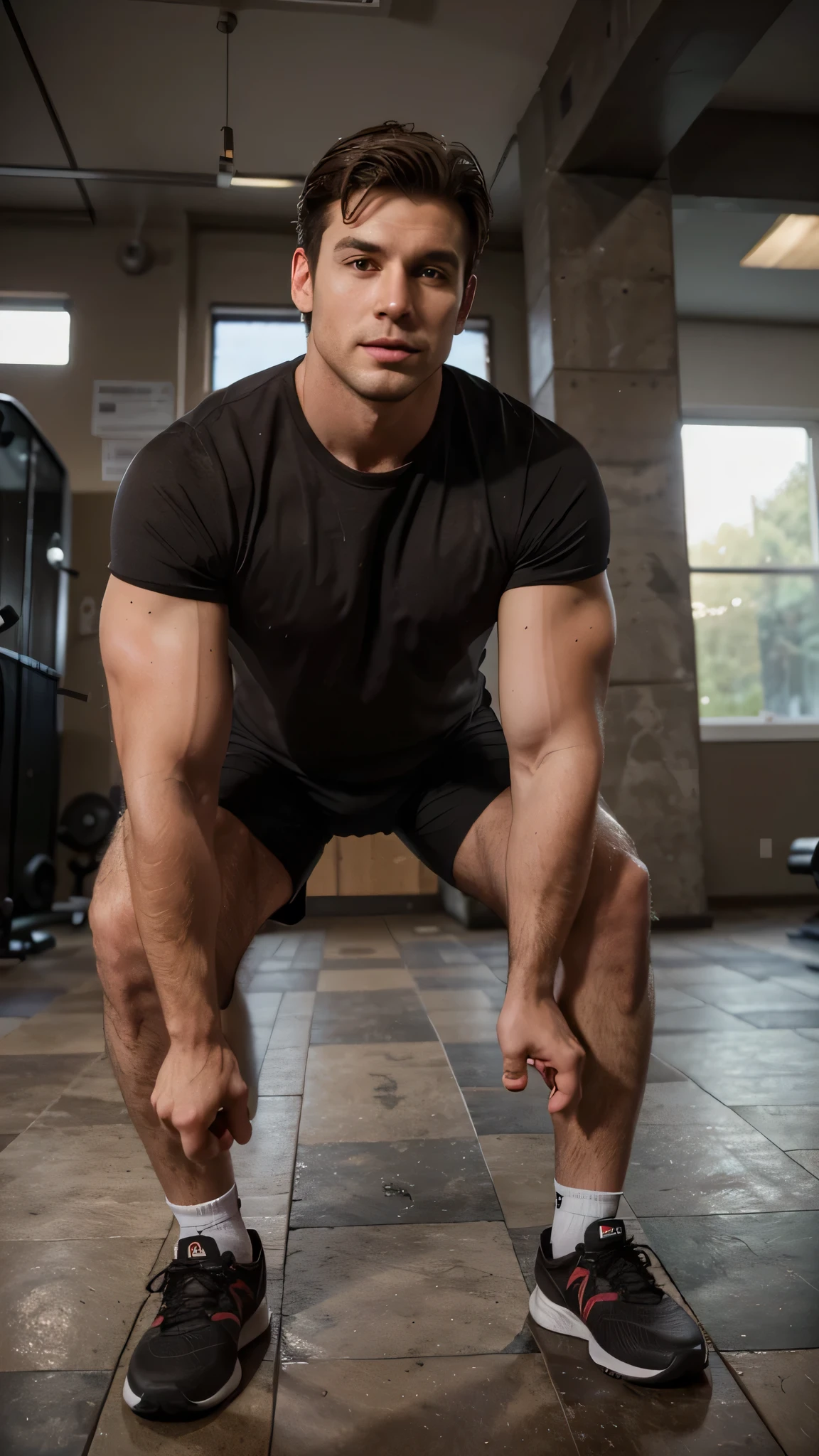 Very handsome man, 29yo, dark brown hair, Wear, Consultation, posing, Wearing in the gym, making deadlift, realphoto