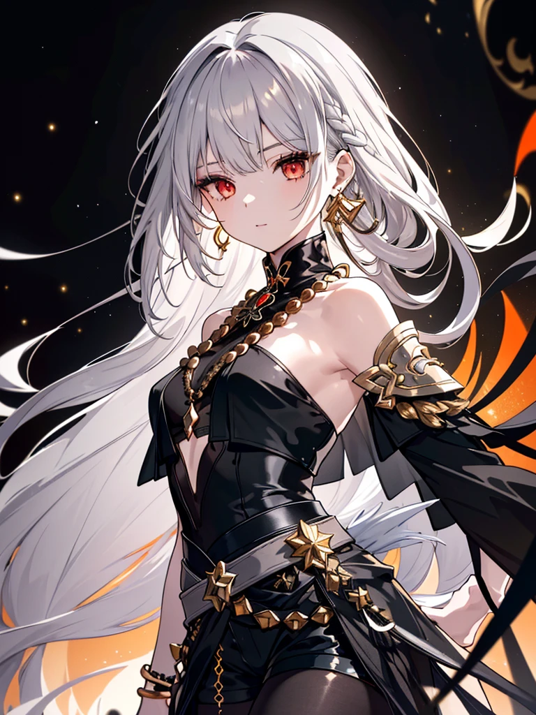 8k,High resolution RAW color art, Anime Art,Silver Marble Skin, (((Very detailed and cute))), Detailed skin, Bokeh、texture,(Exquisitely crafted, The finer details, Ultra-detailed art), (((1 girl))), Depth of written boundary, Silky Touch, Hyper Detail, (((Cool face))), eye shadow、Armed women, Beautiful detailed red eyes, Beautiful lip detail, Highly detailed face, Delicate depiction of hair and eyes, Detailed Fashion, Golden Earrings,Full body depiction, Black half top、Shoulder Bare、Black shorts、Waist Cloak、black tights、Golden decoration, Light gray hair, Golden bracelet, Straight Hair、Long hair only in the back、(((Hair)))、Calm background、(((Black theme)))、snow、Orange Sky、Side view、Crouch