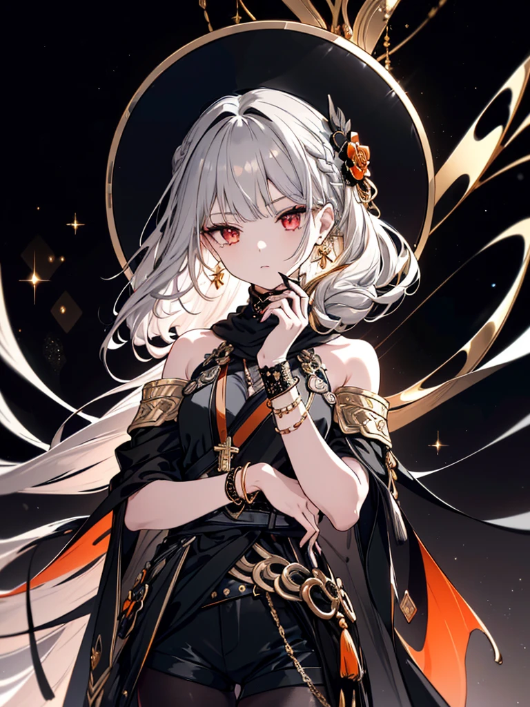 8k,High resolution RAW color art, Anime Art,Silver Marble Skin, (((Very detailed and cute))), Detailed skin, Bokeh、texture,(Exquisitely crafted, The finer details, Ultra-detailed art), (((1 girl))), Depth of written boundary, Silky Touch, Hyper Detail, (((Cool face))), eye shadow、Armed women, Beautiful detailed red eyes, Beautiful lip detail, Highly detailed face, Delicate depiction of hair and eyes, Detailed Fashion, Golden Earrings,Full body depiction, Black half top、Shoulder Bare、Black shorts、Waist Cloak、black tights、Golden decoration, Light gray hair, Golden bracelet, Straight Hair、Long hair only in the back、(((Hair)))、Calm background、(((Black theme)))、snow、Orange Sky、Side view、Crouch
