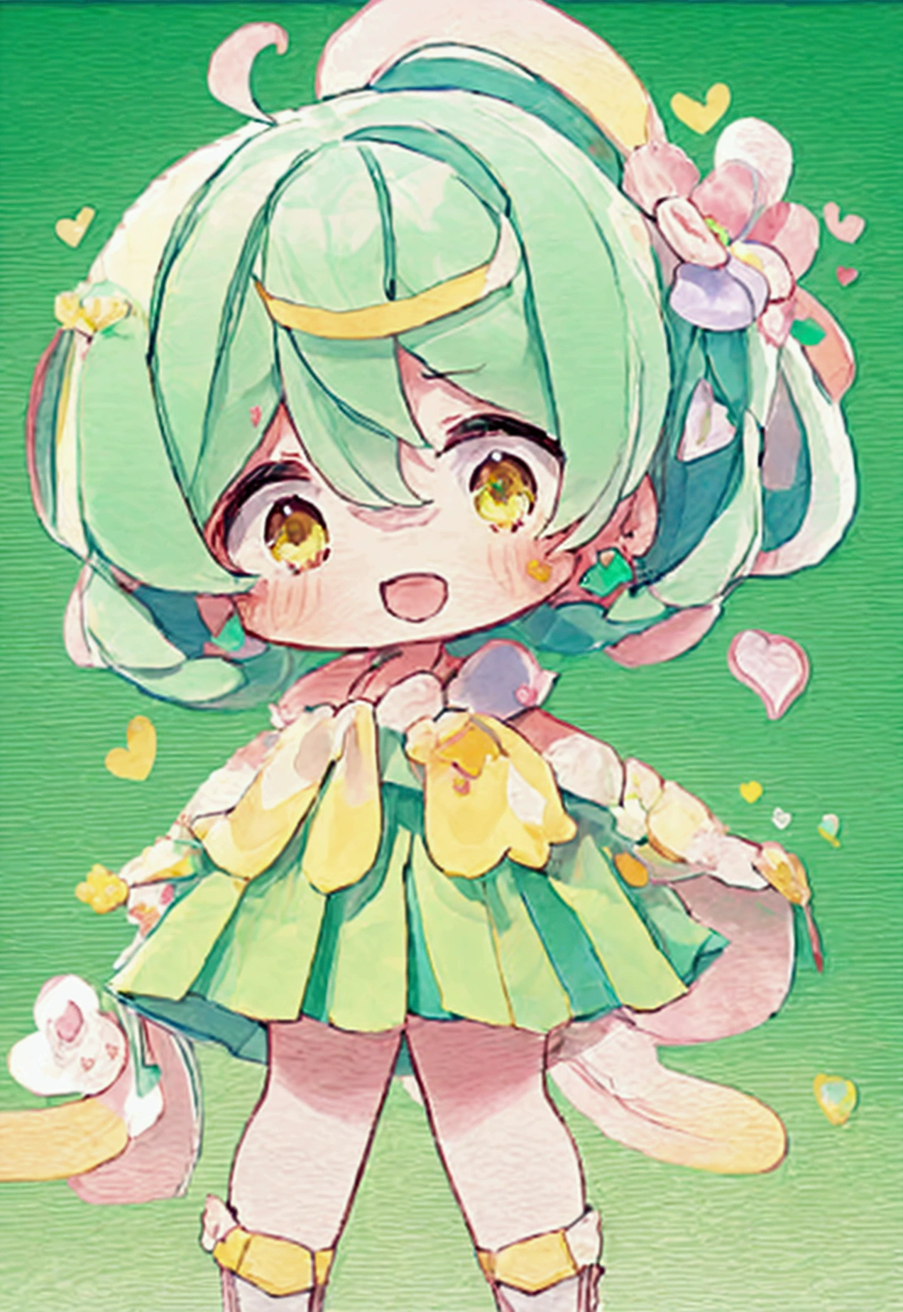 Cute style chibi girl, heart, soft, colorful, delicate, Expressive, texture, sharp, Green and Yellow