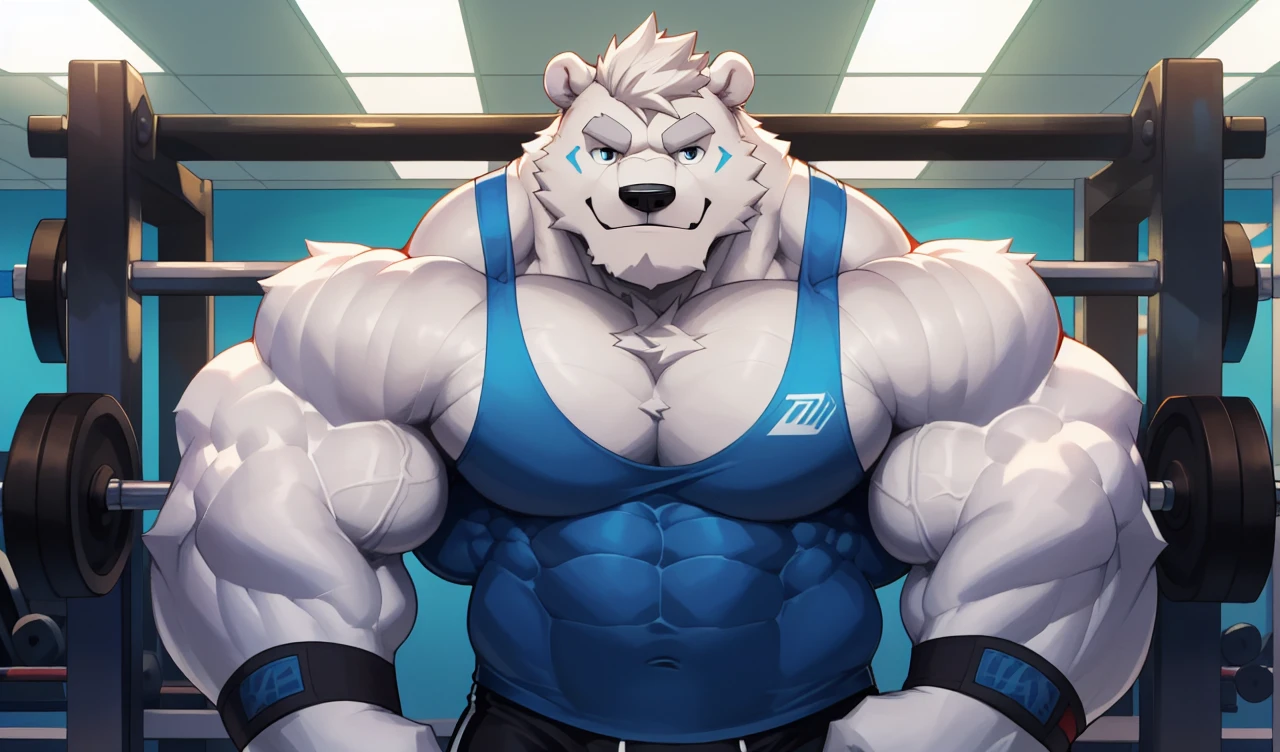 solo, 1boy, perfect anatomy, (furry white bears, polar bear) perfect proportion, smirk, big eyes, wide chest, bulky, bulk, bulge, happy. Huge Muscular Old Polar bear with short,(black gym shorts, wristbands and blue tank top), view from side, pectoral, thick arms, huge pectoral, wide pectoral, white hair, white beards, grey eyebrows, gym background, masterpiece, semirealistic:1.2, high detailed, 8k, high resolution, perfect center, full view. ((really big muscle, massive muscular, sixpack, thick arms, wide pectoral, super huge muscle, hyper muscular, over sized muscle, huge arms, big arms, huge pectoral))