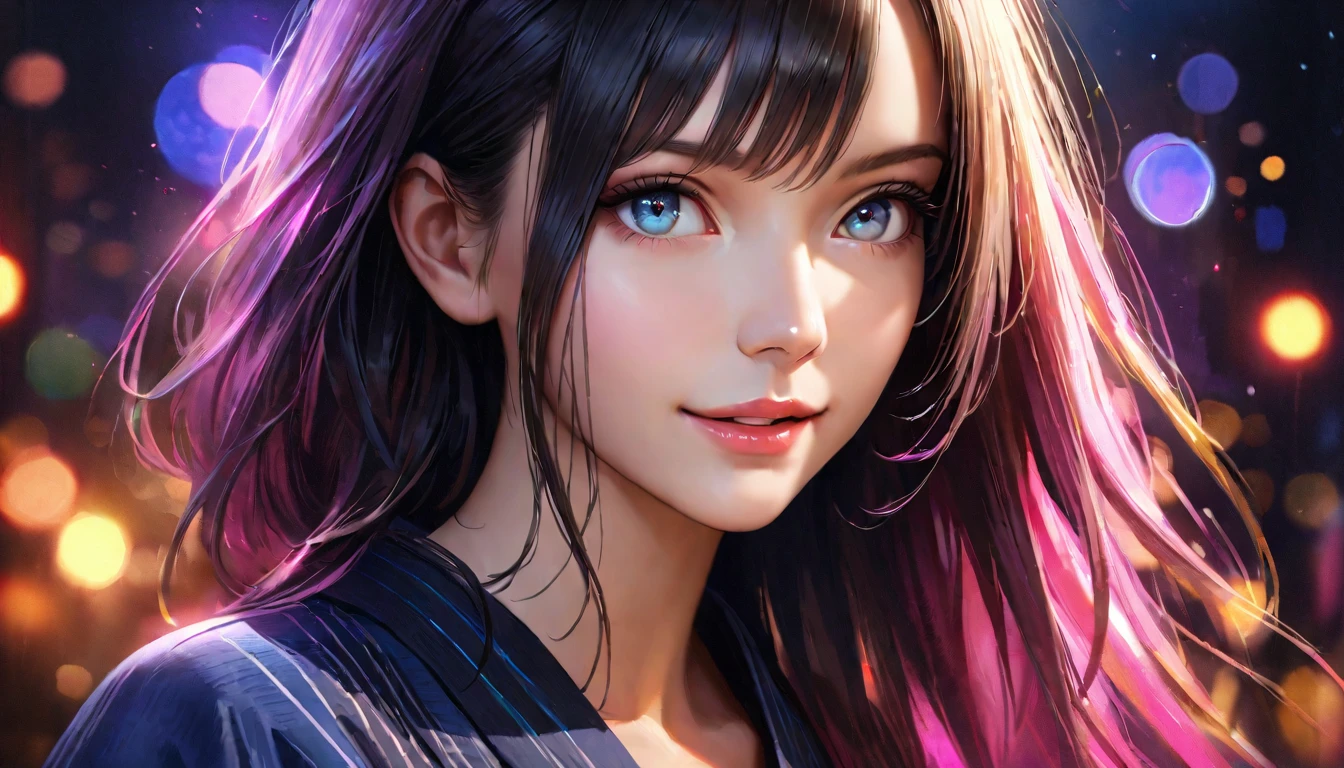 a beautiful girl wearing a yukata standing under the night sky looking at the stars, smiling with a sparkling effect, 1girl, detailed face, beautiful eyes, detailed lips, long eyelashes, medium: digital painting, vibrant colors, cinematic lighting, dreamlike, photorealistic, 8k, best quality, masterpiece:1.2, ultra-detailed, realistic:1.37, HDR, UHD, studio lighting, ultra-fine painting, sharp focus, physically-based rendering, extreme detail description, professional, vivid colors, bokeh