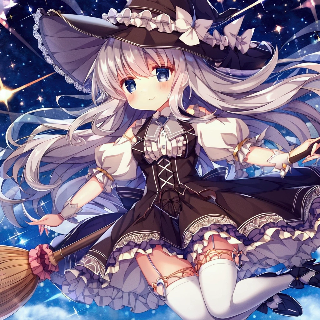 Silver Hair、Magical girl、bright、Black and white outfit、Astral Witch Outfit、Wearing a hat、Ruffled Skirt、Constraints
