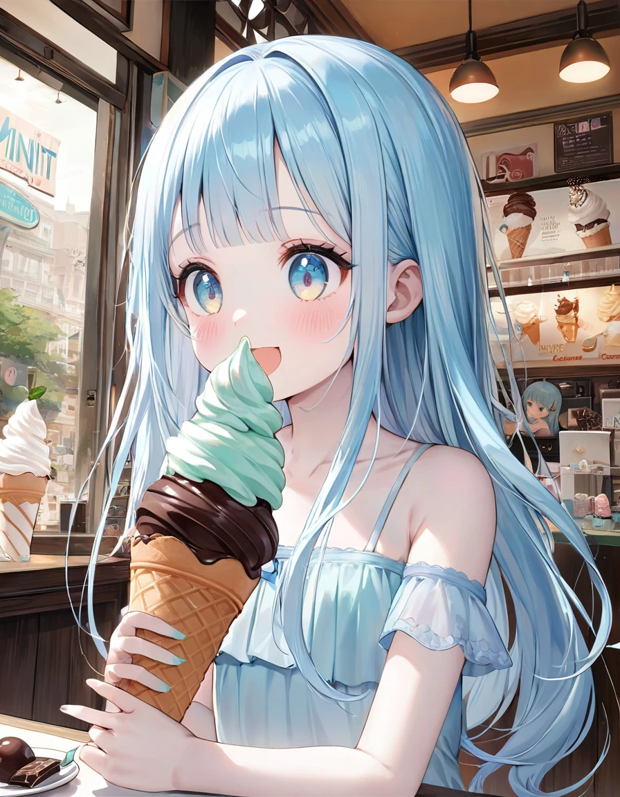 masterpiece, best quality, extremely detailed, (illustration, official art:1.1), 1 girl ,(((( light blue long hair)))), ,(((( light blue long hair)))),light blue hair, , long hair ((blush)) , cute face, big eyes, masterpiece, best quality,(((((a very delicate and beautiful girl))))),Amazing,beautiful detailed eyes,blunt bangs((((little delicate girl)))),tareme(true beautiful:1.2), sense of depth,dynamic angle,,,, affectionate smile, (true beautiful:1.2),,(tiny 1girl model:1.2),)(flat chest),A very beautiful light blue long hair girl is eating a giant soft serve in front cafe. 1girl, solo, (white tube-top), off shoulders, portrait, looking atsoft serve cream cone, ((giant mint soft cream, and chocolate soft cream mixed)), food, open mouth, (holding soft serve cone), brown cone, long hair, swaying bangs, mint eyes, beautiful round eyes, long eyelashes, perfect her fingers, pale skin,