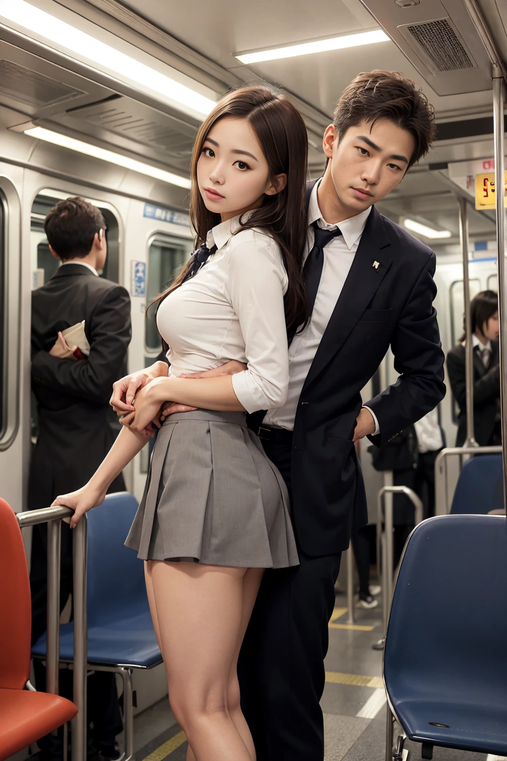 Japanese high school  girl，On a crowded and crowded train，(Hold on to the chair:1.2)，(Being touched by men:1.5)，(Being stroked in the crotch of a man:1.5)，Seen from the side
（（（tmasterpiece）））， （（best qualtiy））， （（intricate detailes））， （（Ultra-realistic realism））， Ridiculous resolution， A MILF， Mature Woman， see -through， ighly detailed， illustratio， 1. Mature Women， （（Large breasts））， (areola of breast)，perfect hand， Detailed finger， Beautiful detailed eyes， wavy curly hair， with brown eye， Name badge， vd， （high-school uniform：1.2）， Sailor Blouse， a miniskirt， white sock， Train interior， perfect  eyes， mesmerizing eyes，cocked ass，Reddened face，(weeping:1.2)，confused eyes