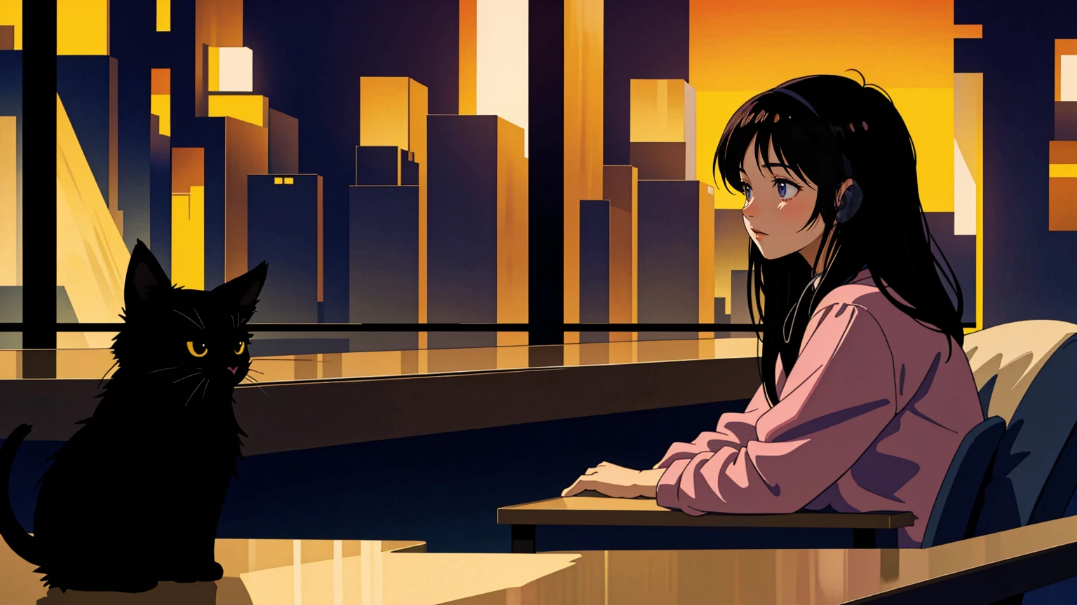 best quality, 8k, 1990s style,2010s hairstyles, 21 year old girl, black hair, long hair, light brown eyes, city pop, pants ,night view, wearing headphones, whole body,  relax coffee,table,confection,Looking at me, Black cat, girl studying
