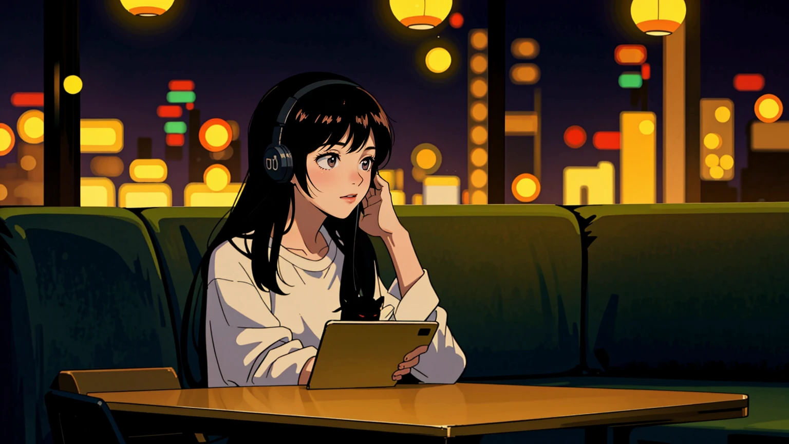 best quality, 8k, 1990s style,2010s hairstyles, 21 year old girl, black hair, long hair, light brown eyes, city pop, pants ,night view, wearing headphones, whole body,  relax coffee,table,confection,Looking at me, Black cat, girl studying
