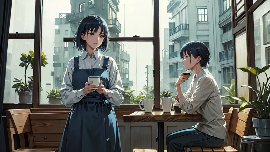 "In a quiet café, rain is falling outside the window. A character sits by the window, holding a warm cup of coffee while gazing at the rain. Soft tones of blue and gray create a calm atmosphere. The character is dressed in casual clothes, and the café interior is decorated with wooden furniture and potted plants."