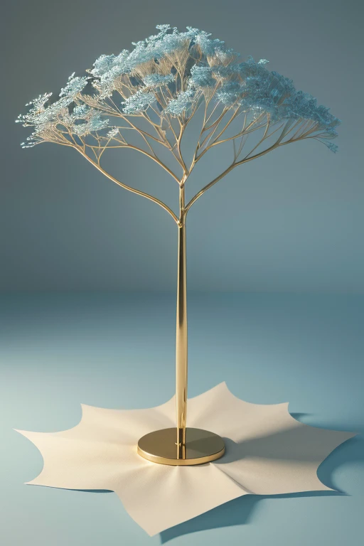 3d tree golden stem, light blue and white sheets of paper, beige textured background