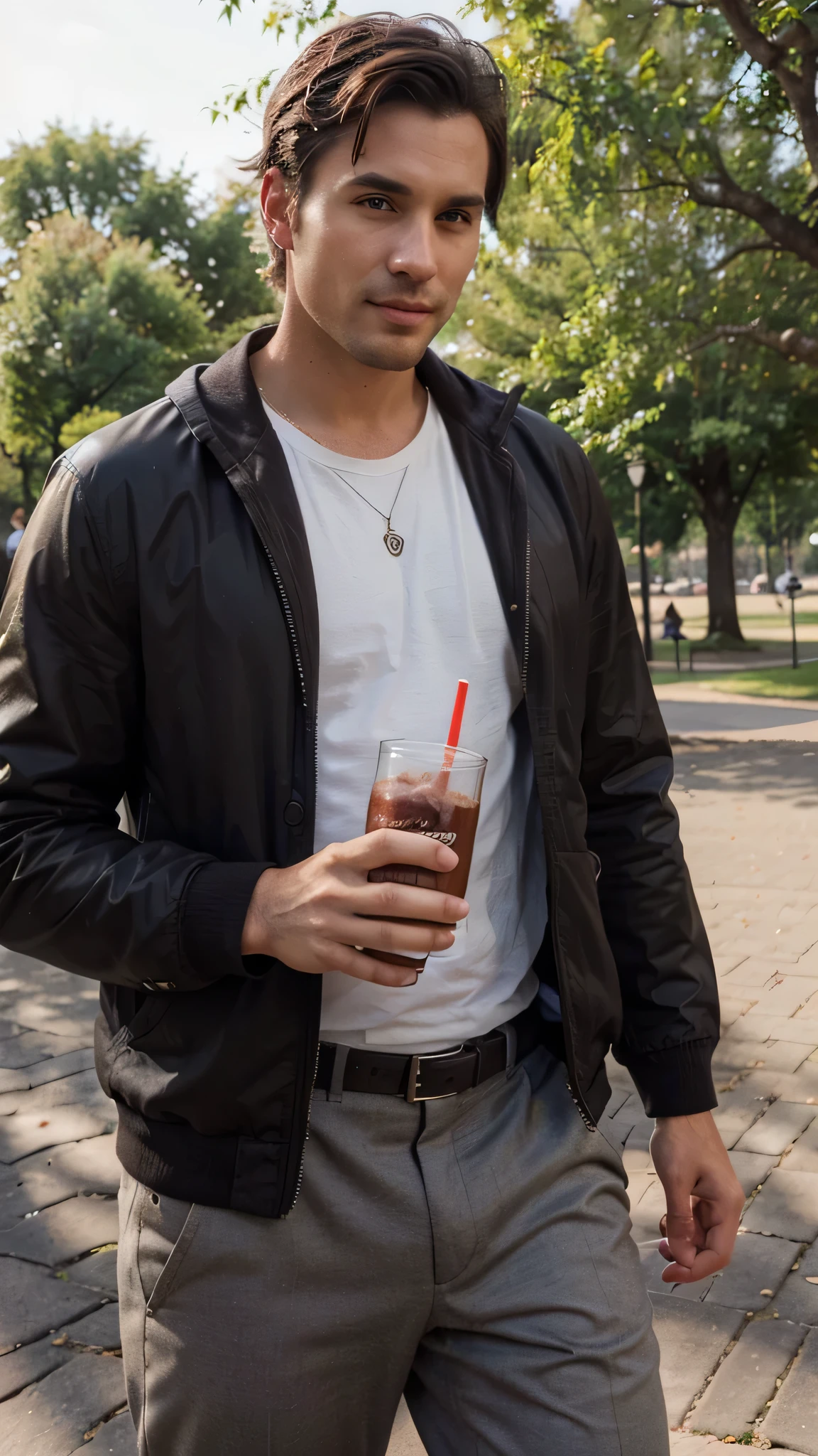 Very handsome man, 29yo, dark brown hair, Wear, Consultation, posing, Wearing in the park, drinking protein shake, realphoto