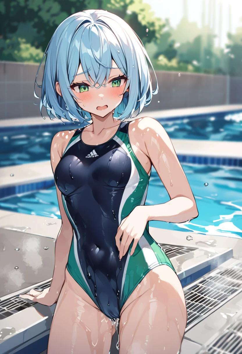 Light blue hair、Short Bob、Deep green eyes、Age 25、Pool、Competitive swimming suits、wet,masturbation
